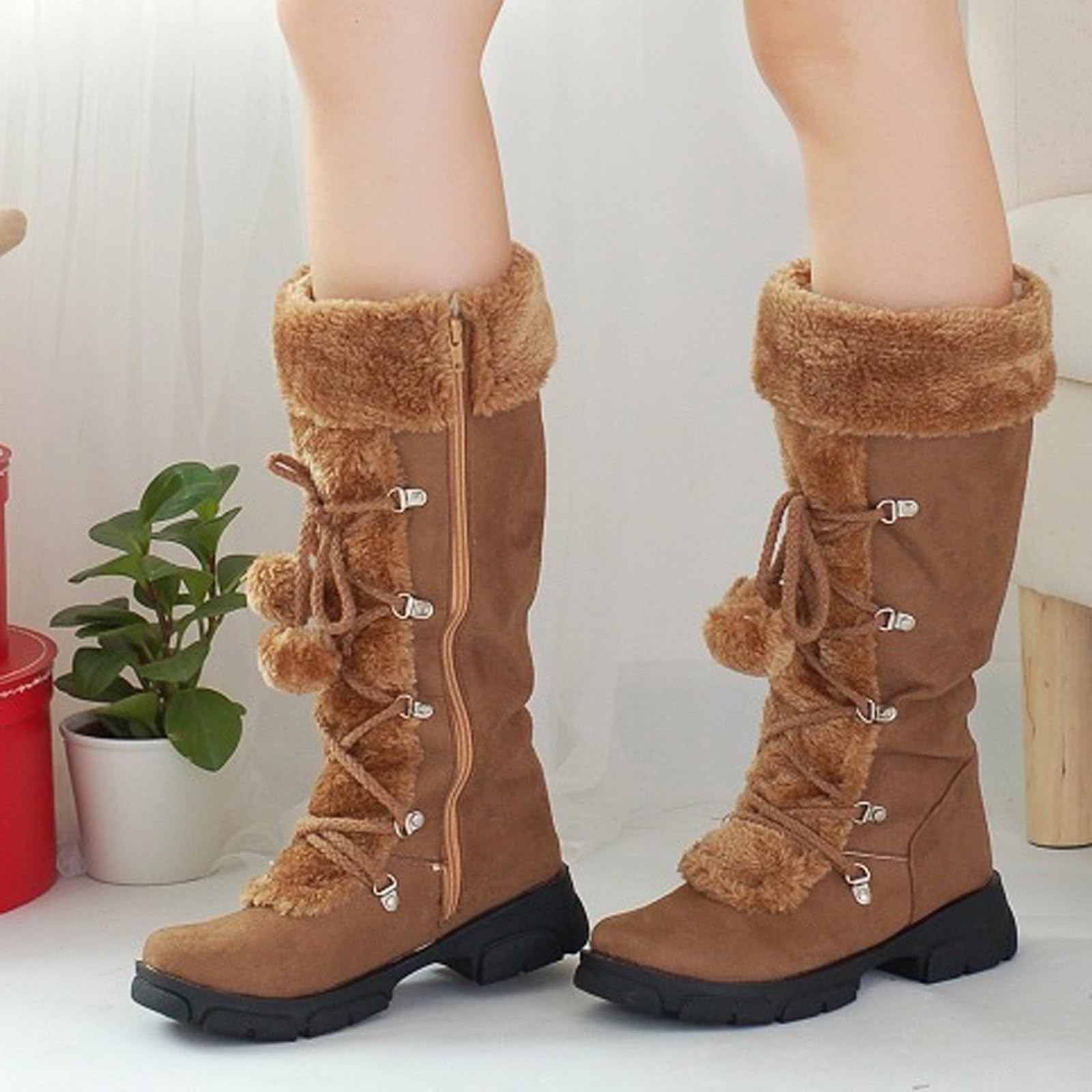 Bottes de neige chaudes et confortables pour femme - Talon bas et épais - Fermeture éclair latérale - Antidérapantes - Doublure en fausse fourrure - Confortables - À lacets - Pour l'extérieur et
