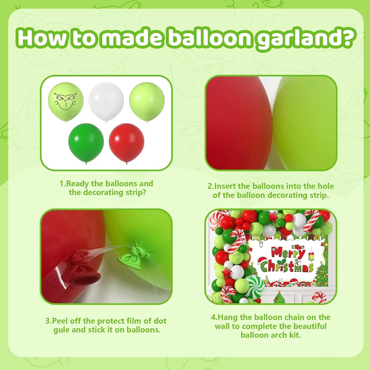 Christmas Balloons Arch Kit with Merry Christmas Backdrop for Xmas Baby Shower Birthday Party Decorations Christmas Balloon Garland Different Sizes with Candy Cane/Red Green Windmill/Red Star Balloons