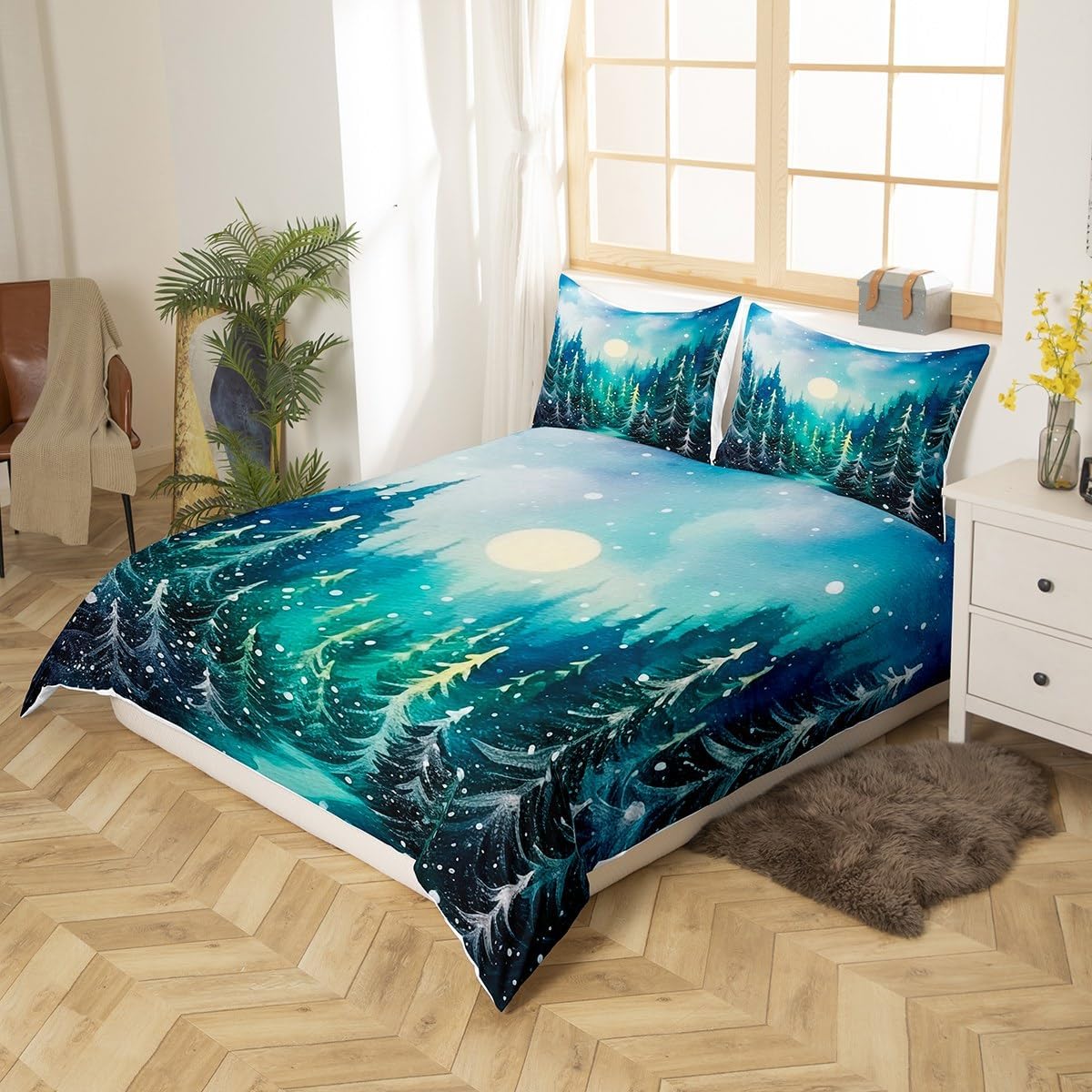 Pine Trees Christmas Duvet Cover Set Queen Size, Moonight Starry Sky Bedding Set for Boys Girls,Pines Botanical Leaves Natural Comforter Cover,Cyan Rustic Farmhouse Quilt Cover,2 Pillowcases,No Filler