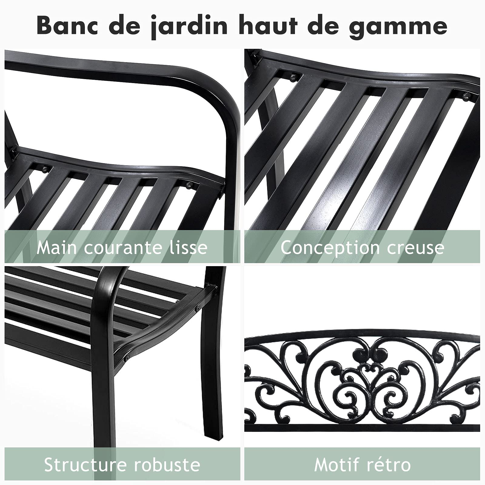 RELAX4LIFE Banc de Jardin Extérieur pour 2-3 Personnes, Banc de Jardin Fer Forgé Résistant avec Dossier Incliné, Accoudoirs Arrondis, Pieds Robustes, pour Terrasse Parc Pelouse, Noir