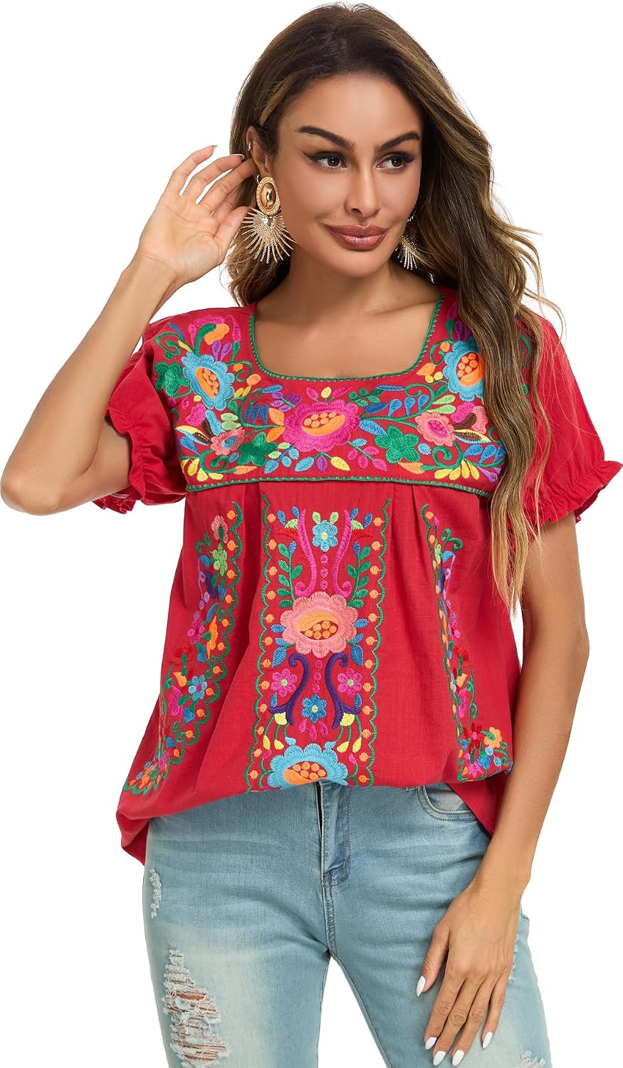 YZXDORWJ Embroidered Mexican Top for Women Peasant Blouse Mexico Summer Shirt Short Sleeve