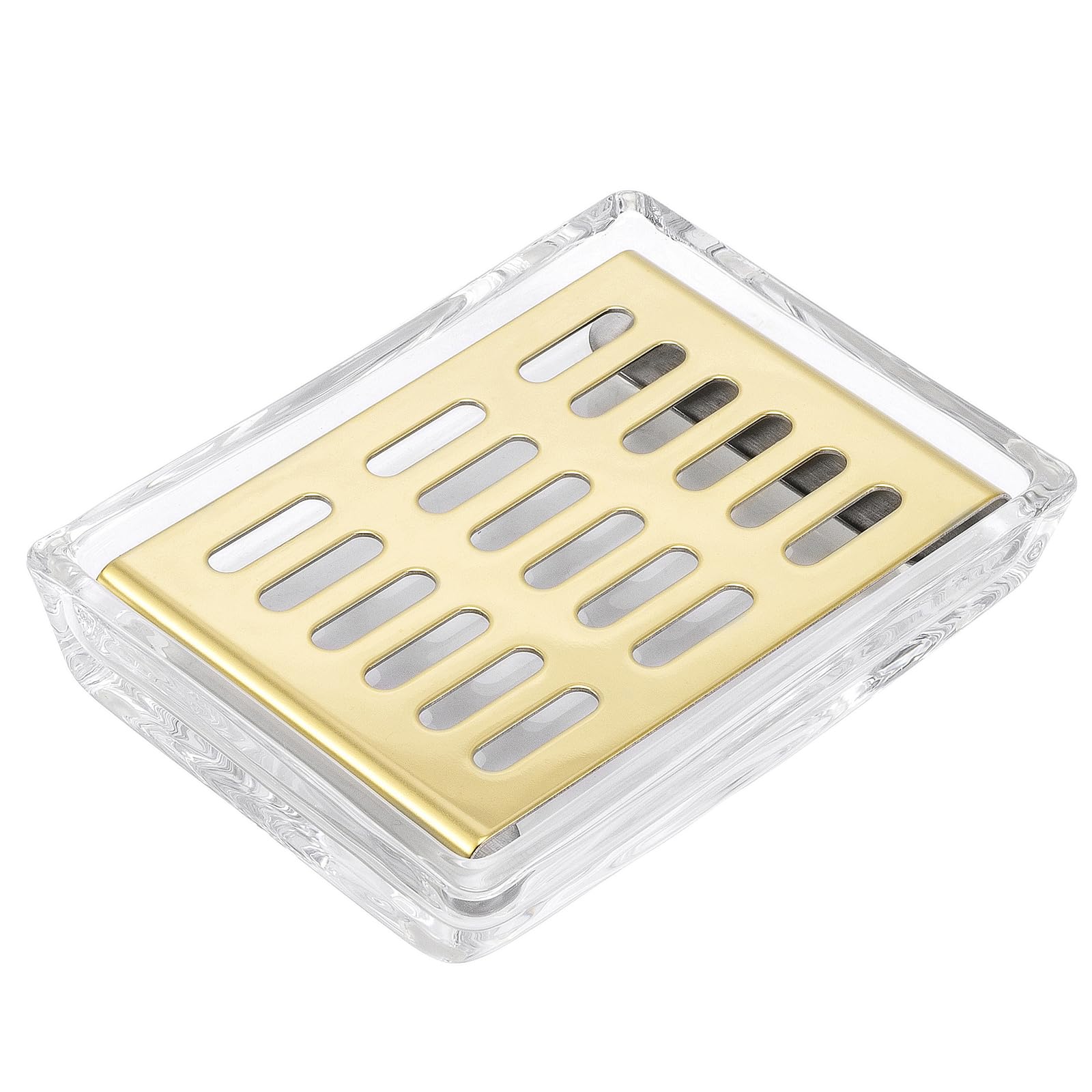 Glass Soap Dish (11.3 x 8.5 x 2.4cm) Stainless Steel Soap Holder for Bathroom and Shower Double Layer Draining Soap Box (Gold tray)