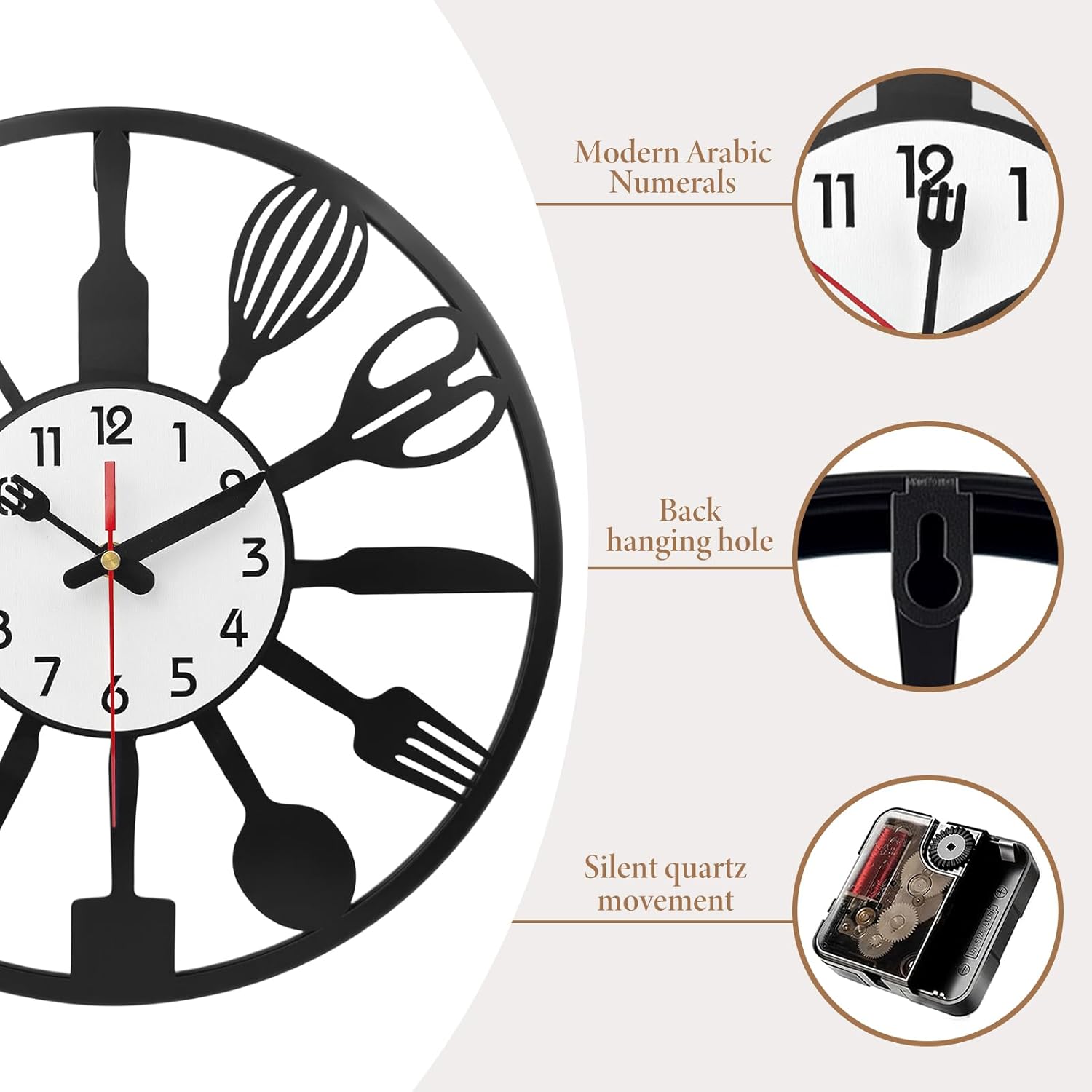 Modern Kitchen Creative Wall Clock,15.7 Inch,with Fork and Spoon Decorative Clocks, Silent, Non Ticking, Battery Operated, Wall Clock Decorative for Bedrooms, Farmhouses, Dining Rooms
