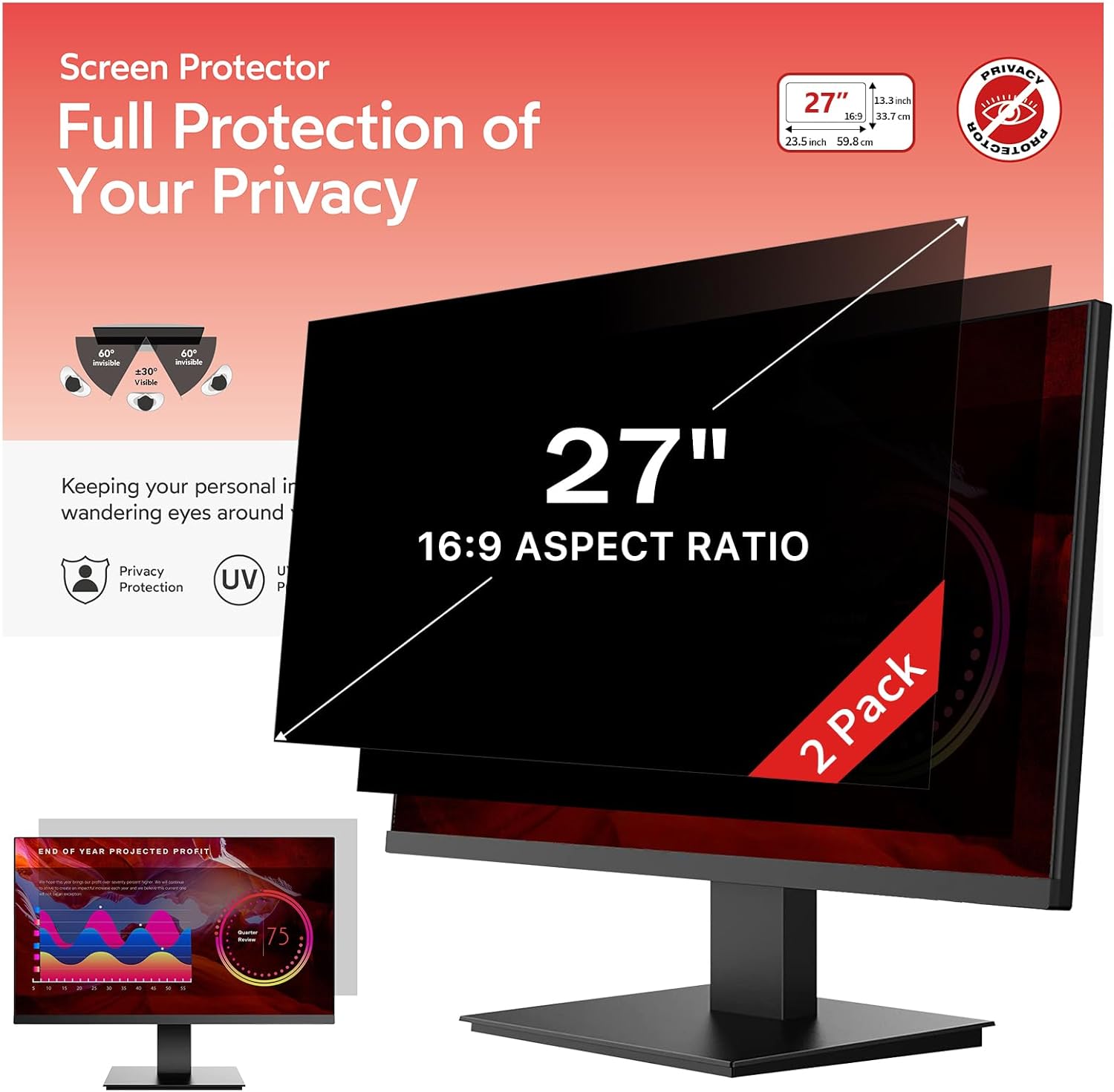 bersem 2 Pack 27 inch Removable Computer Privacy Screen Filter for 16:9 Ratio Monitor, Anti-Spy, Anti-Glare, Anti-Scratch, UV-Blocking 27 Inch 16:9 2