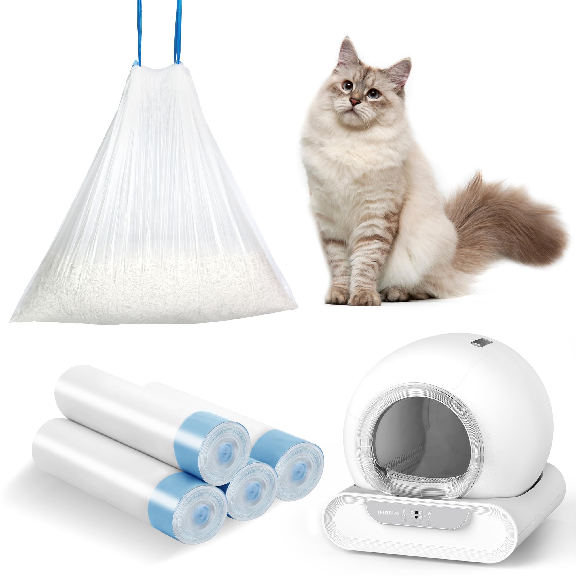 LELO PAWS Katzentoilettenbeutel mit Zugbändern für 01D Selbstreinigende Katzentoilette 45 x 45 cm Katzenklo Selbstreinigend Müllsack Langlebige Reißfest, 4 Rollen(60 Stück), Blau