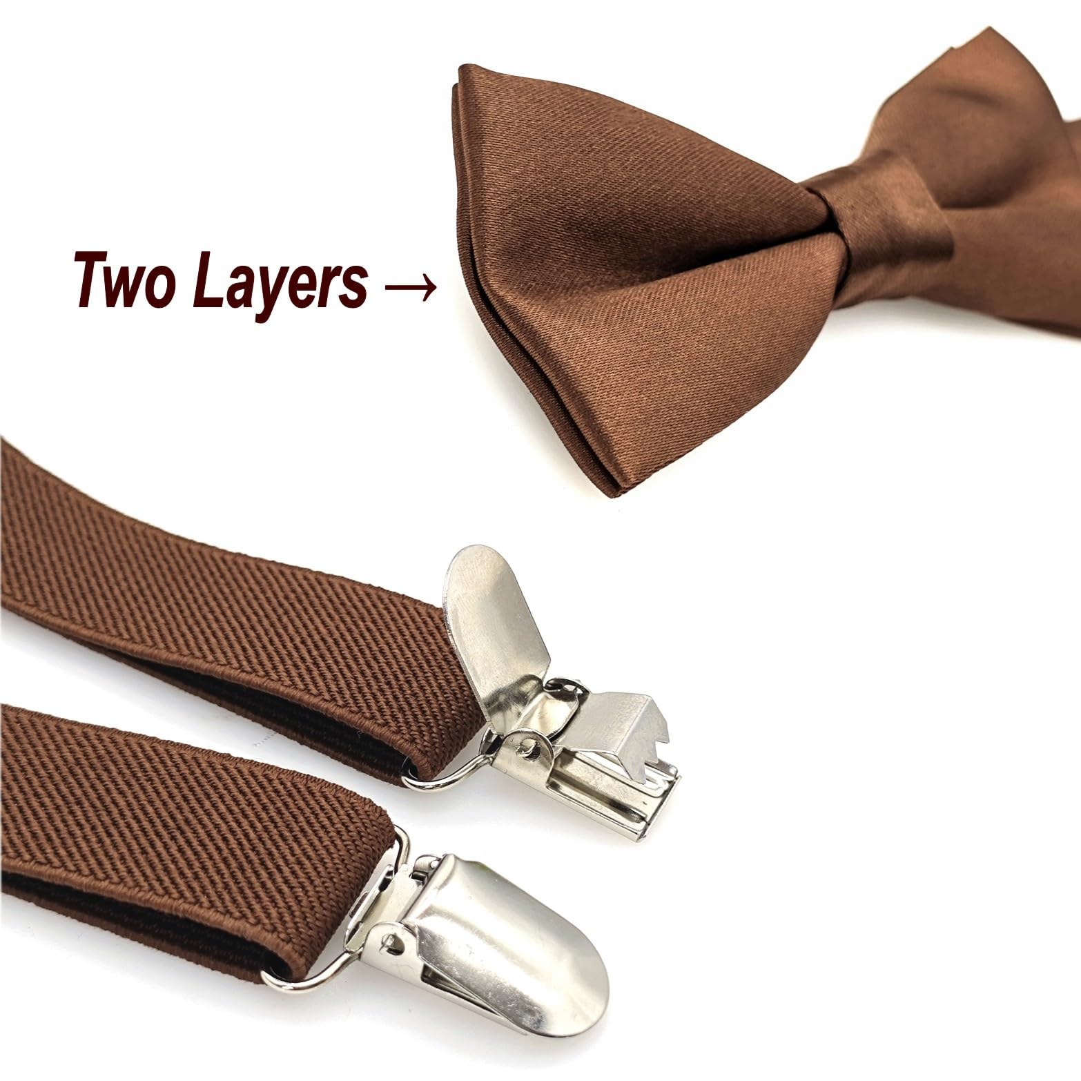 Conjunto de pajarita y tirantes para niños JZK Marrón, ajustable con clip, menos 135cm