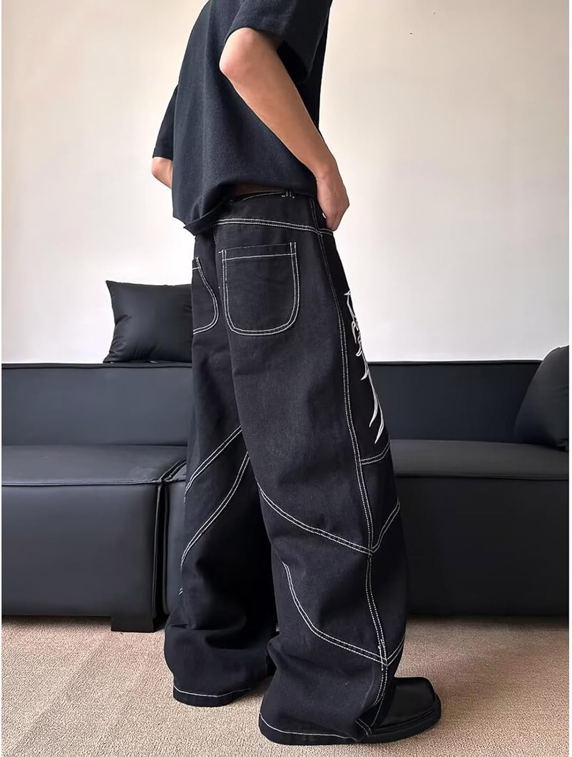 Y2K Jeans Gothic Straight Tube Loose Wide Leg Pants for Men Hip-hop Retro Totem Embroidery Washed Denim Pants - Image 6