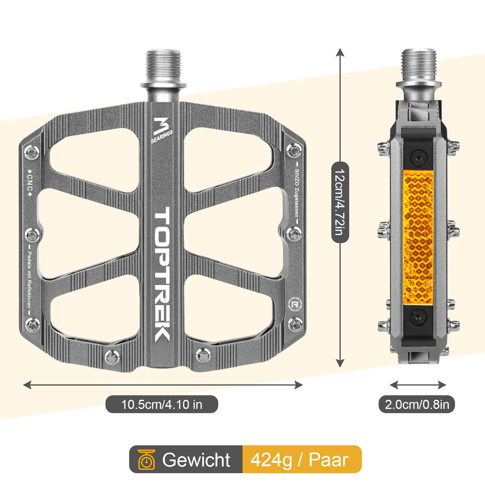 toptrek Pédales de vélo, avec réflecteurs homologués StVZO, en aluminium, CNC, antidérapantes, avec 3 roulements scellés, pour VTT, BMX, vélo électrique