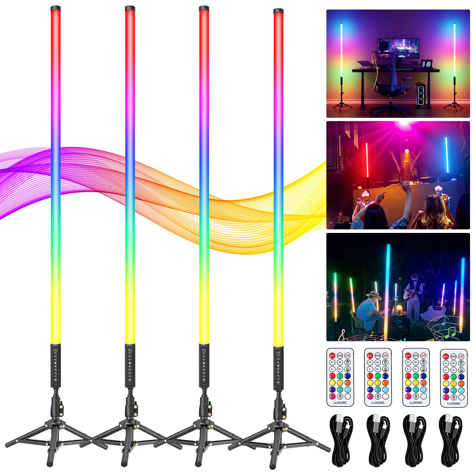 4 Stück 90cm LED Video Lichtstab Mood1 Mit Stativ,LED Handheld Fotografie Lichtdimmbar und Speicher, integrierter Akku,RGB-Fotolampe für YouTube,TikTok,Spiel-Streaming,Partybar,Foto-Beleuchtung