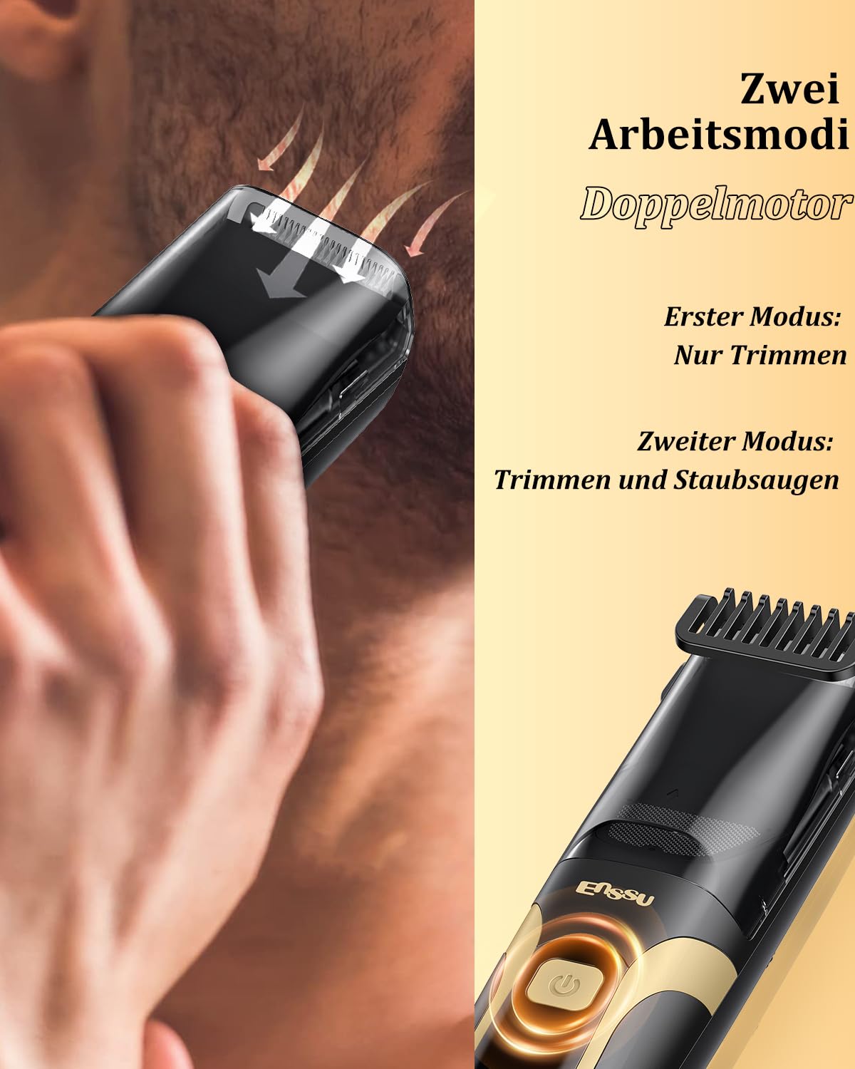 ENSSU Barttrimmer Herren mit Vakuumsystem Type-C wiederaufladbar, Elektrischer Rasierer für Männer mit Präzisionsrad und Sicherheitssperre, Bartschneider und Trimmer Herren Mit 2 Kämmen,Schwarz