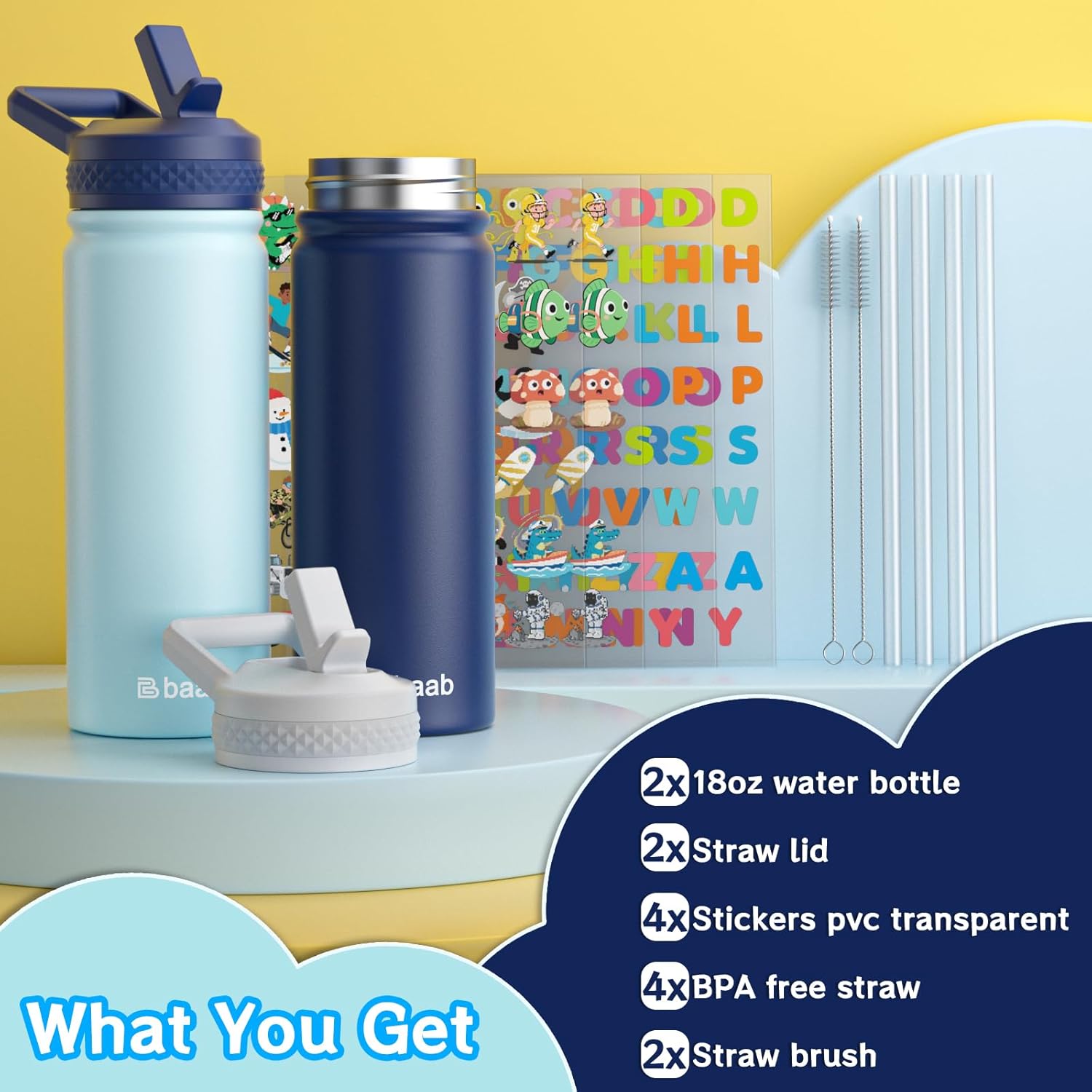 baab 18oz Kids Water Bottle, Insulated Water Bottle with Straw & Stickers, 18/8 Stainless Steel Vacuum Leakproof Kids Water Straw Cup for School, Gift for Boy Girl (Navy Blue+Light Blue, 2 Pack) - Image 7