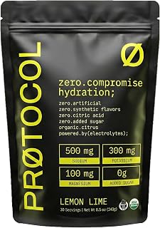 Protocol Organic Electrolyte Powder - Clean Electrolytes - Lemon Lime - Sugar Free Hydration Drink Mix | 500mg Sodium, 300mg Potassium, 100mg Magnesium - No Citric Acid, No Artificial Flavor