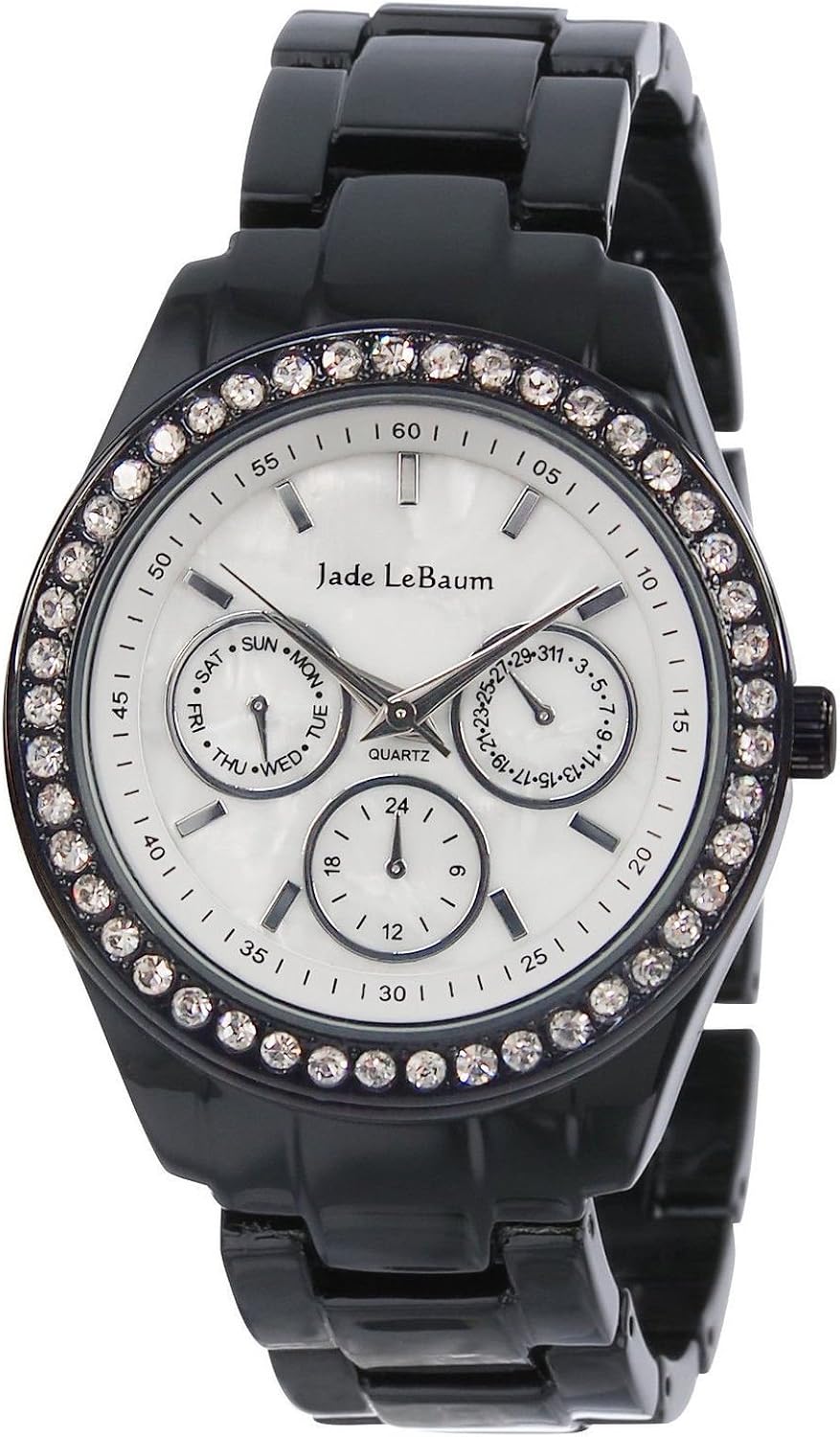 Jade LeBaum Womens Black Bracelet Watch with Crystals Boyfriend Style Big Chunky Large Face Reloj de Mujer Negro JB202733G
