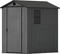 Triumphkey 4x6ft Outdoor Storage Shed with Floor & 2 Windows,Large Plastic Garden Shed with Lockable Door for Backyard, Patio & Lawn,Grey-White,Dark Gray