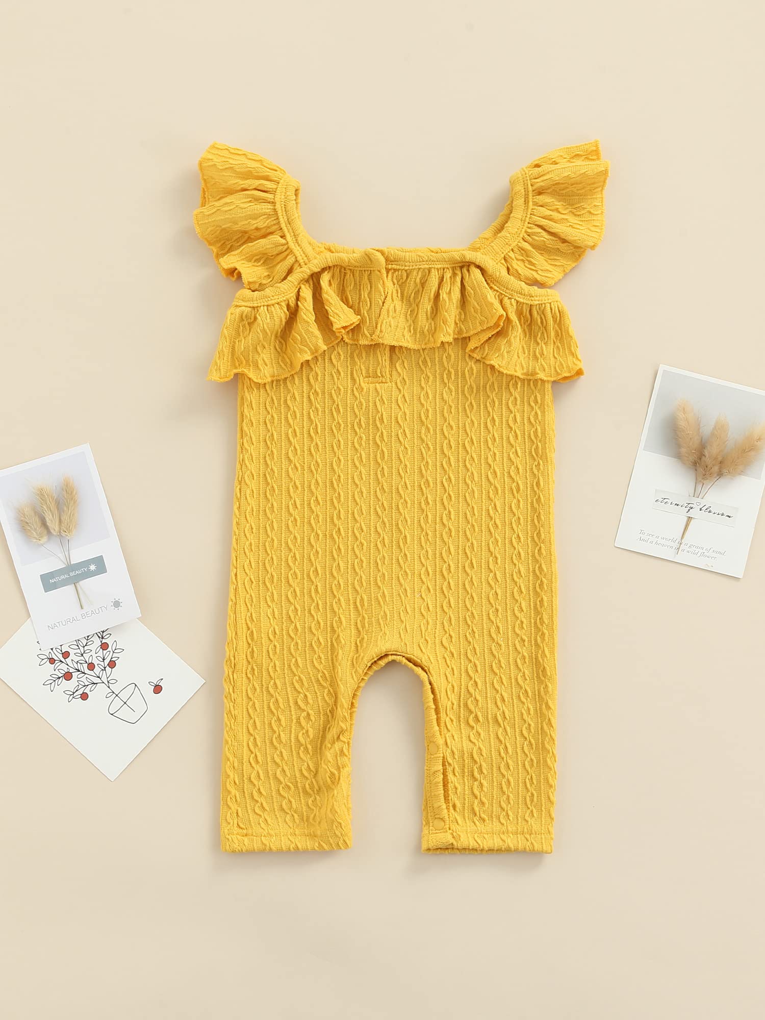 Infant Baby Girl Sleeveless Romper Solid Color Ruffle Strap Cable Knit Jumpsuit Clothes (Yellow, 9-12 Months)