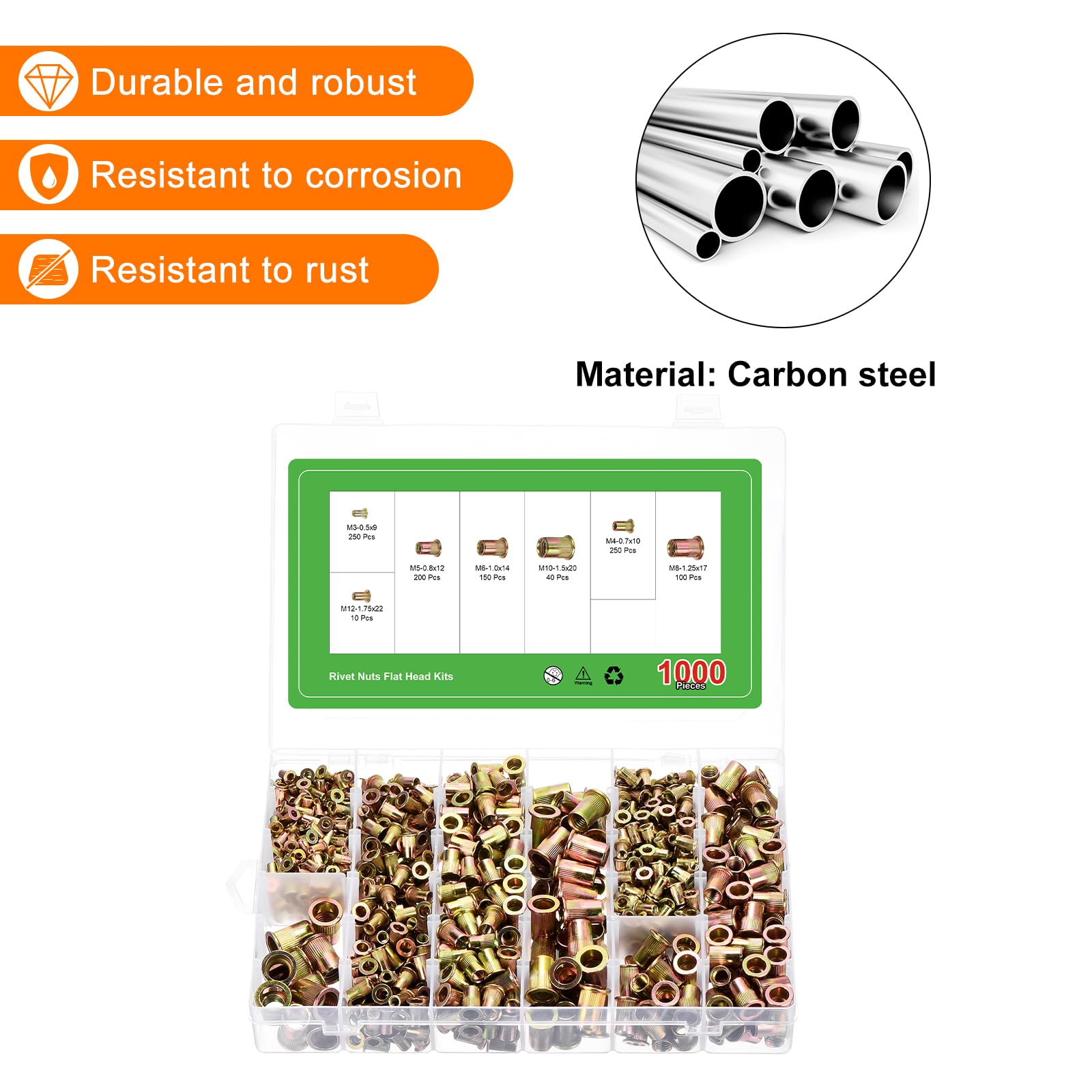 QUARKZMAN 1000 Piezas De Tuerca De Remache Cabeza Plana M3 M4 M5 M6 M8 M10 M12 De Acero Al Carbono Con Cuerpo Moleteado Y Acabado En Zinc