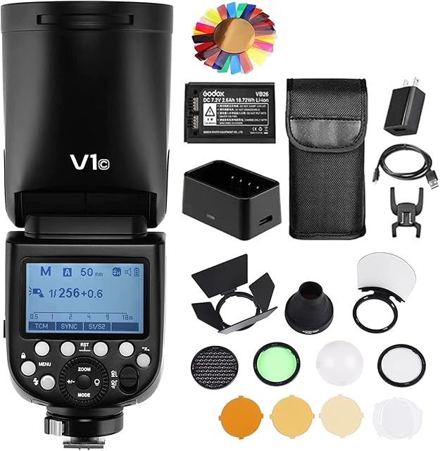 Godox V1 V1-C para flash de câmera Canon com kit de acessórios Godox AK-R1, 2600mAh Li-ion Battery TTL 76Ws 2.4G, 1/8000 HSS, 1,5 seg. Tempo de reciclagem Flash Speedlite de cabeça redonda na câmera