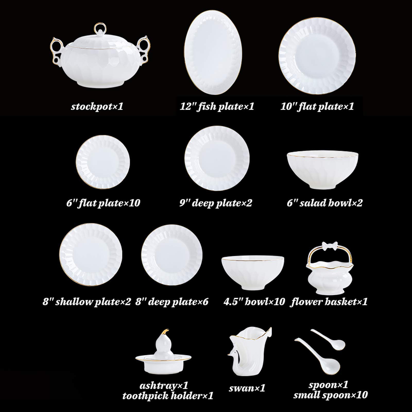 H3TF5J Zestaw stołowych w Chinach z kości wysokiej klasy, 50 sztuk czystej białej ceramicznej zastawy stołowej, ręcznie pomalowany przepis, prezent ślubny i parapetacyjny, naczynie stołowe w stos