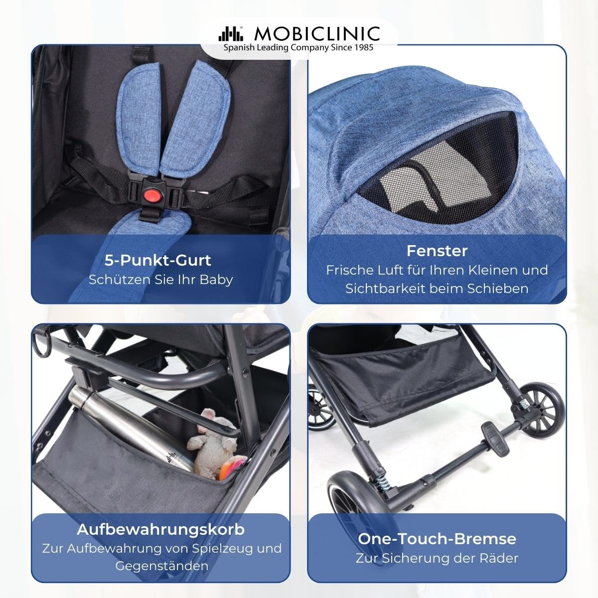 Mobiclinic®, Kinderwagen, Ultraleicht, 5-Punkt-Gurt, Einhandlenker, Zusammenklappbarer Kinderwagen, Korb, 0-36 Monate, Verstellbar, Ausklappbares Verdeck, Feststellbremsen, Trip