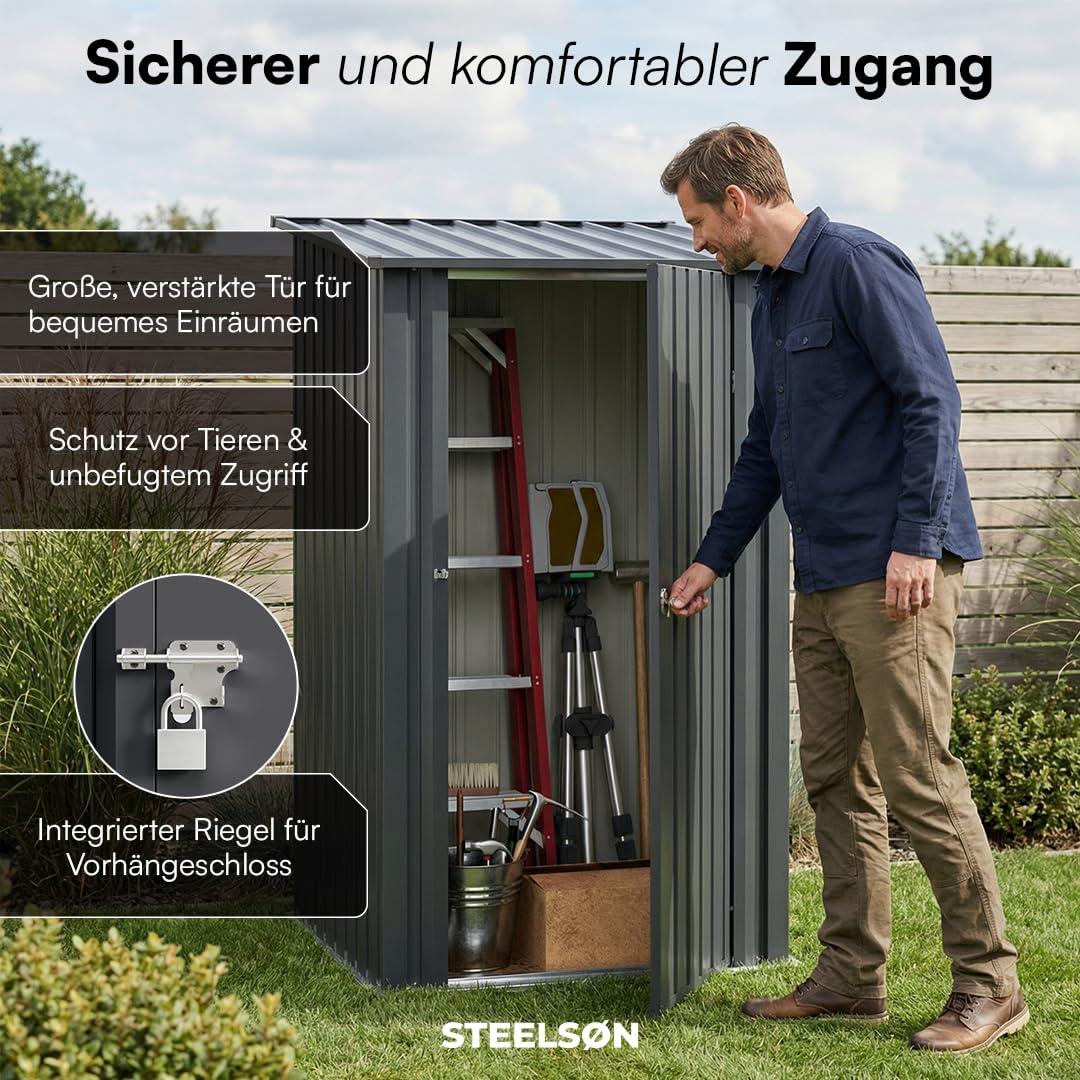 STEELSØN Timir Gerätehaus Metall – Geräteschuppen mit Pultdach – Gartenhaus 160x103x100cm (HxTxB) – Gartenschuppen Anthrazit – Gartenhütte Zinkstahlrahmen – Gerätehütte rostfrei – Schuppen Garten