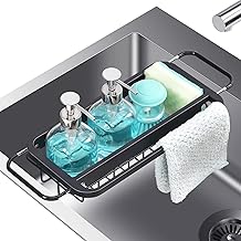 TOOLF Expandable Sink Caddy, Sink Drying Rack with Dish Towel Bar, Over The Sink Adjustable Sink Organizer for Kitchen, Rustproof Sponge Holder Organizer