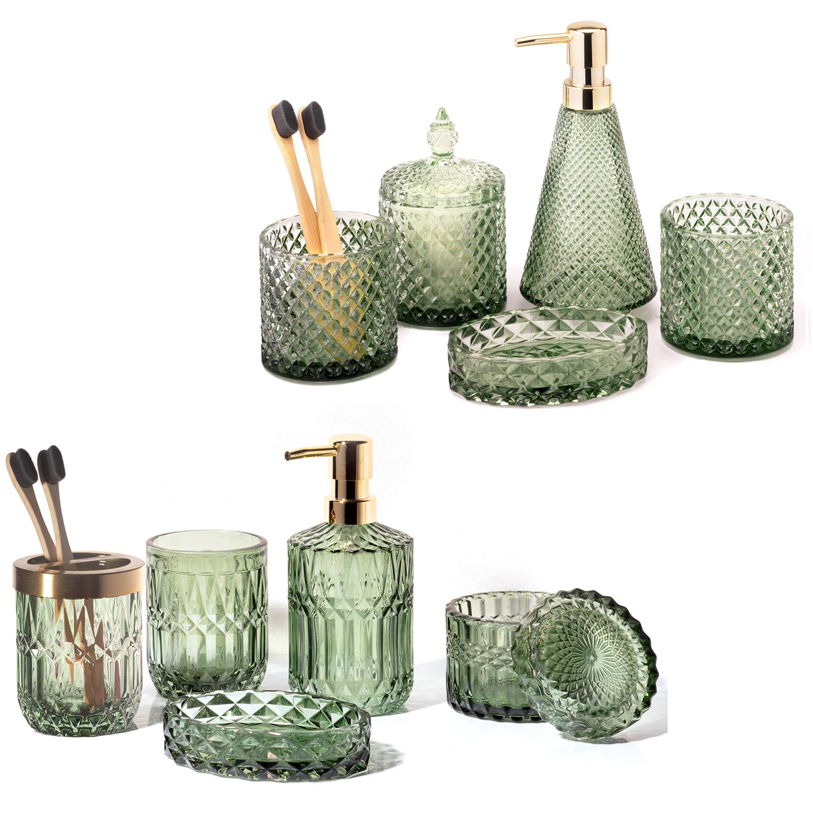 EMPO10Pcs Diamond & Clear Glass Bathroom Accessories Complete Set, 2 x Triangle Vintage Lotion Dispenser, Soap Dish, Toothbrush Holder, Tumbler, Cotton Swab Jars, Modern Decor, Housewarming Gift Set