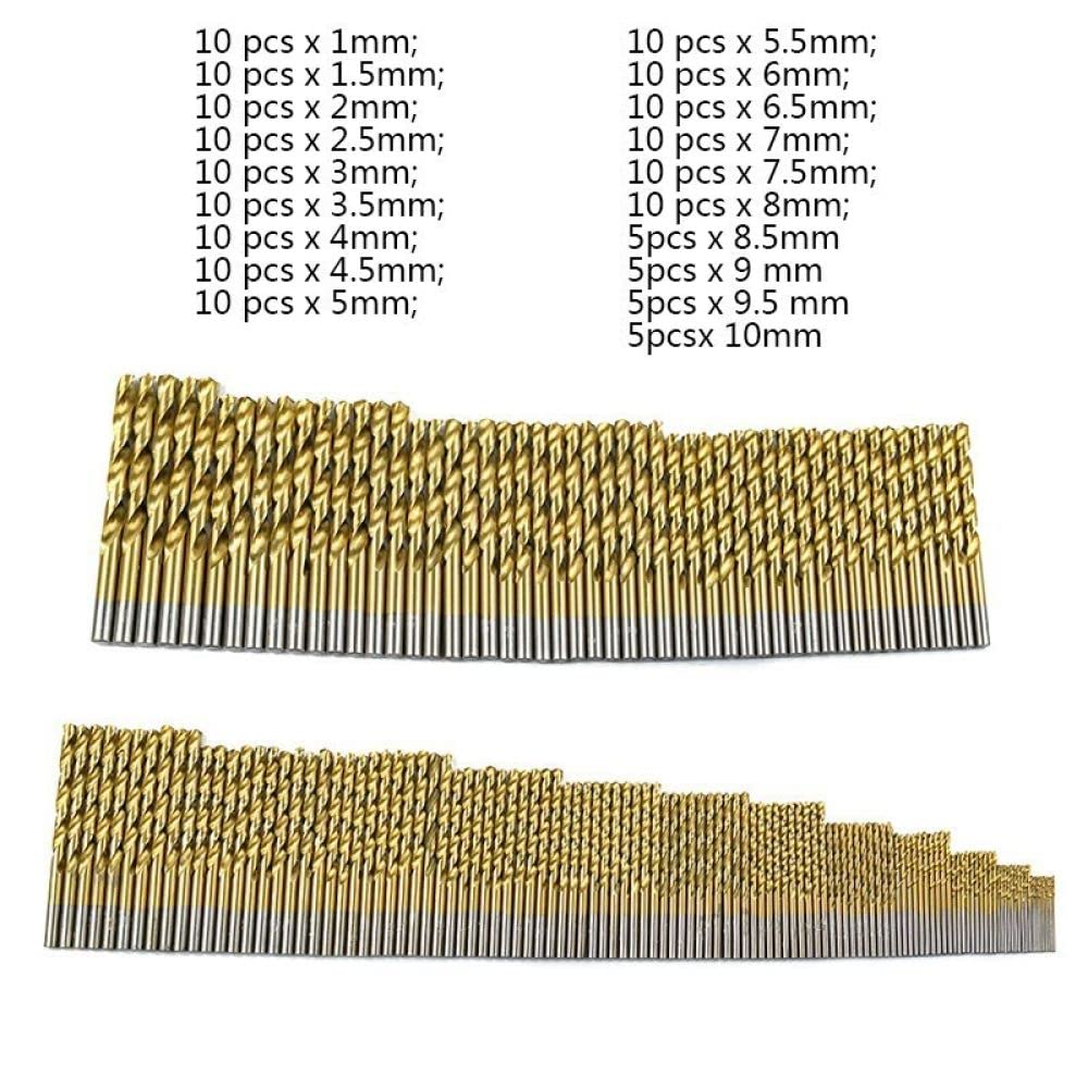 Juego de brocas helicoidales Hss recubiertas de titanio de 170 piezas Herramienta de taladro de 1,0-10 mm para herramientas de carpintería de perforación de agujeros de metal de madera, juego de 170 p