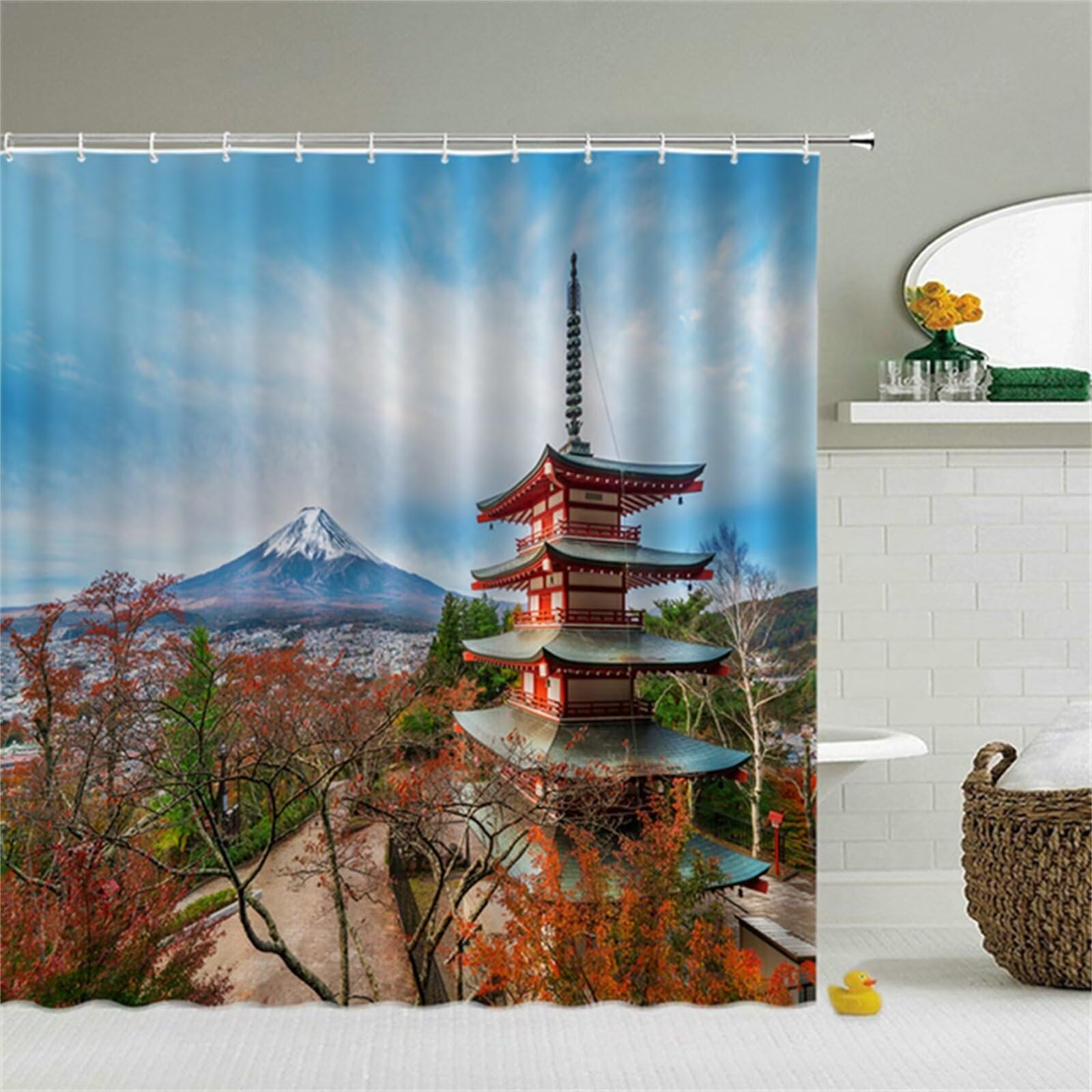 Tour du Mont Fuji Rideau de Douche Anti Moisissure,Rideau de Douche Imperméable Tissu Antibacterien Lavable en Machine,avec des 12 Crochets 3D Rideaux de Douche pour Salle de Bains Decor,300x200cm