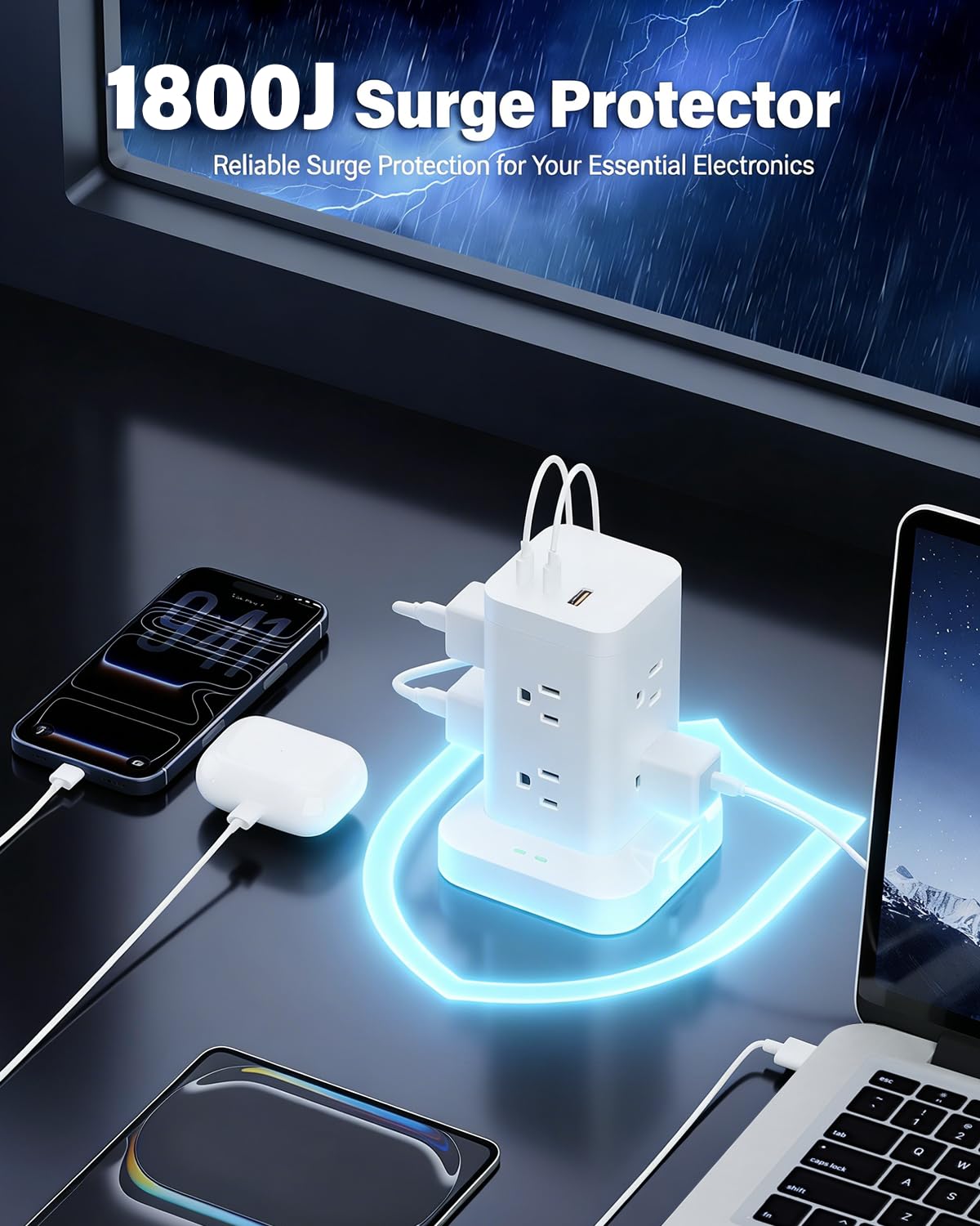 Torre multipresa 11 in 1 con protezione da sovratensioni 1800J, torre di ricarica rapida PD20W Porte USB-C con 8 prese AC, cavo di prolunga da 1,8 m per ufficio in