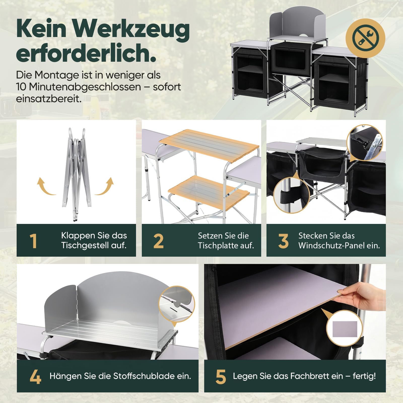 Sekey Campingküche Faltbar, Campingschrank mit Arbeitsplatte und Staufächern, Outdoor Küchenschrank mit Aluminiumgestell, Ink. Tragetasche, Mobile Schränke für Outdoorküche, Vorzelt, Wohnwagen