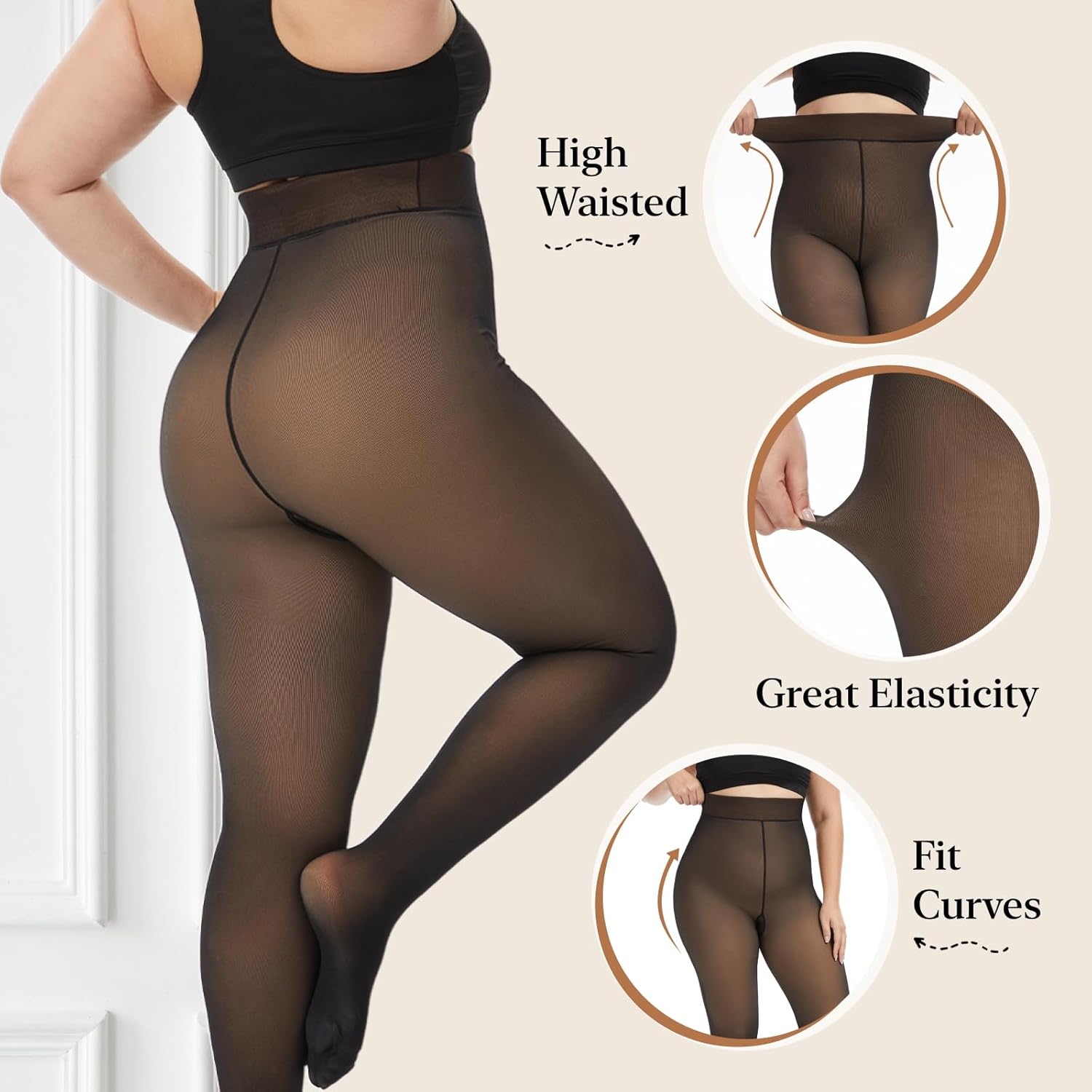 Hellomamma Fleece Lined Tights Women: Plus Size Opaque High Waisted Thermal Top Control Sexy Winter Pantyhose for Ladies - Image 3