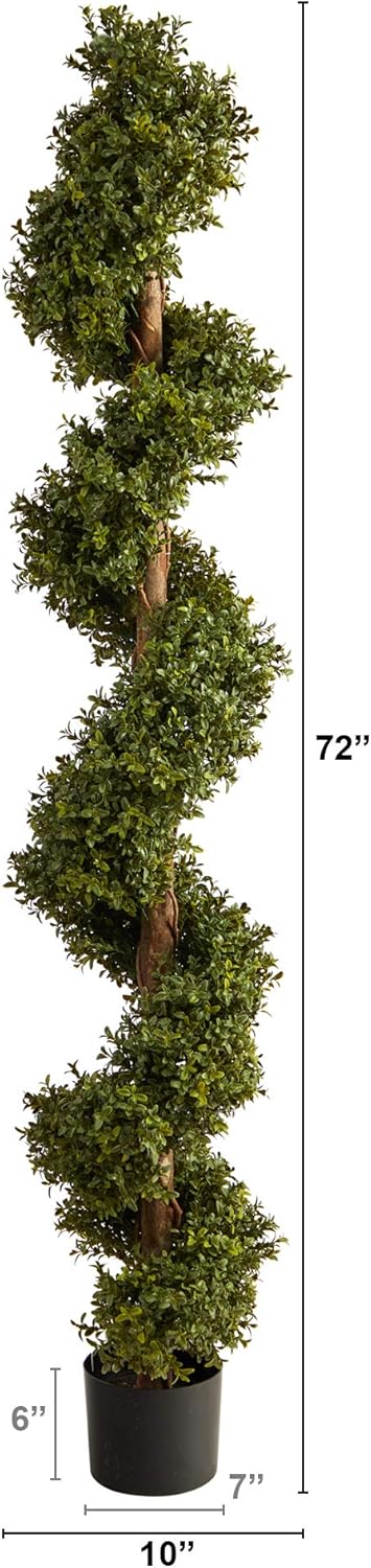 Nearly Natural 6FT Artificial Spiral Boxwood Topiary Tree, Fake Plant for Indoor Home Décor with Black Nursery Planter and Realistic Trunk and Leaves