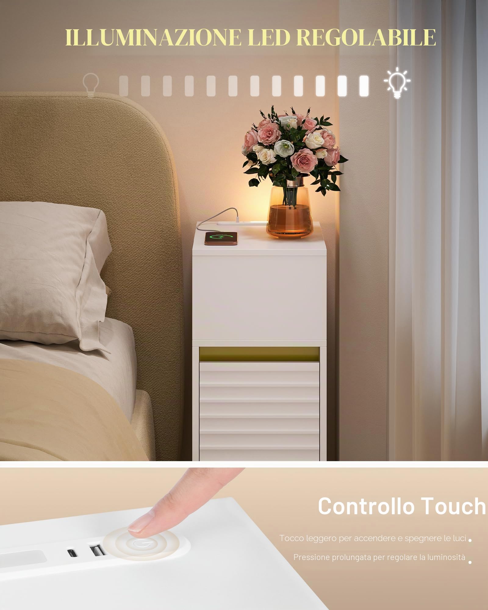 Hzuaneri set da 2 Comodino, tavolino stretto con illuminazione a LED, 1 porta USB-A, 1 porta USB-C, comodino con scomparto laterale aperto, per camera da letto, soggiorno, Bianco-Oro NS00603G