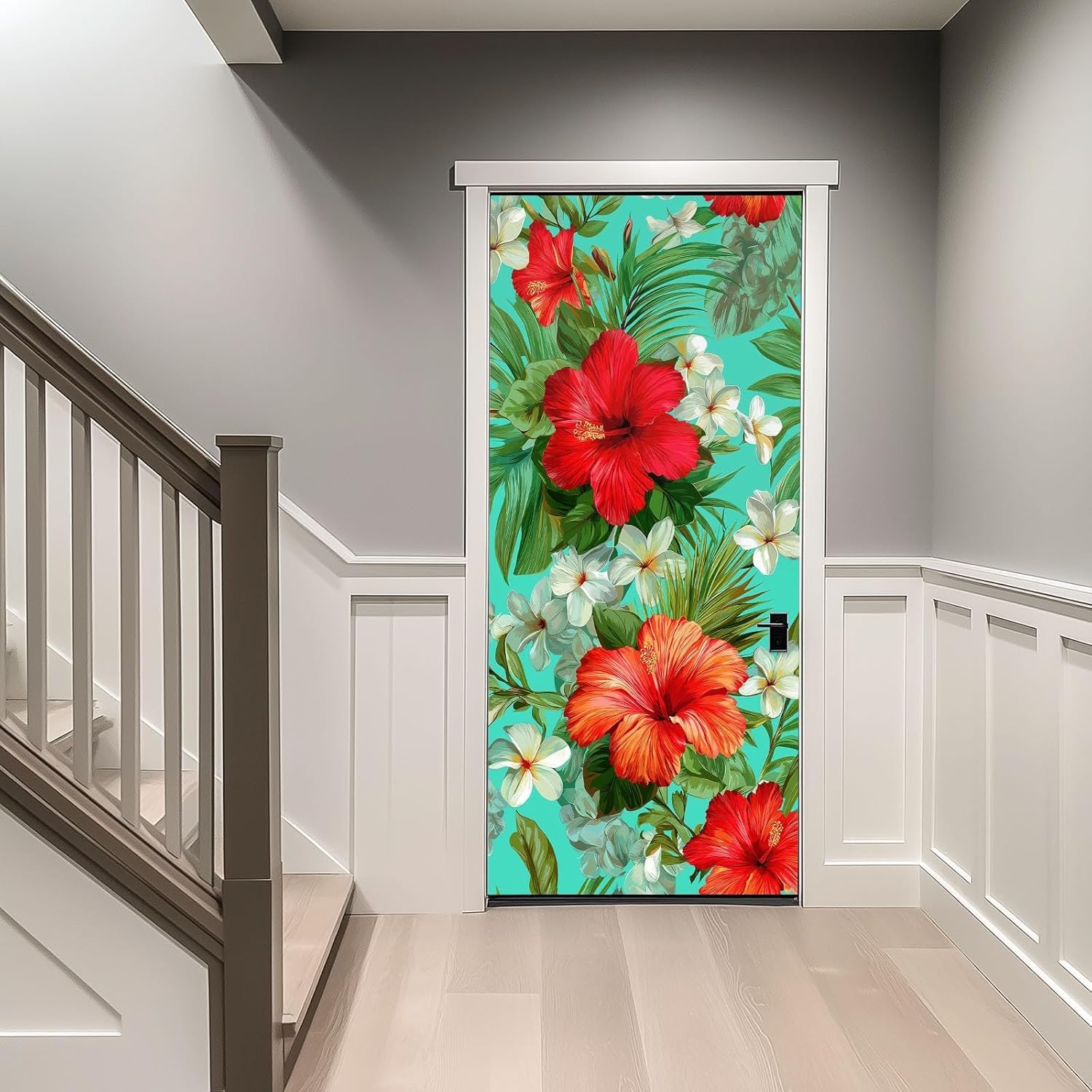 Sticker Porte Plantes Tropicales, Stickers Porte Trompe L'oeil Fleurs Autocollant Poster Auto-Adhésif Art Décor Pour Chambre Salon Salle de Bain Papier Peint 95x215 cm 4741n