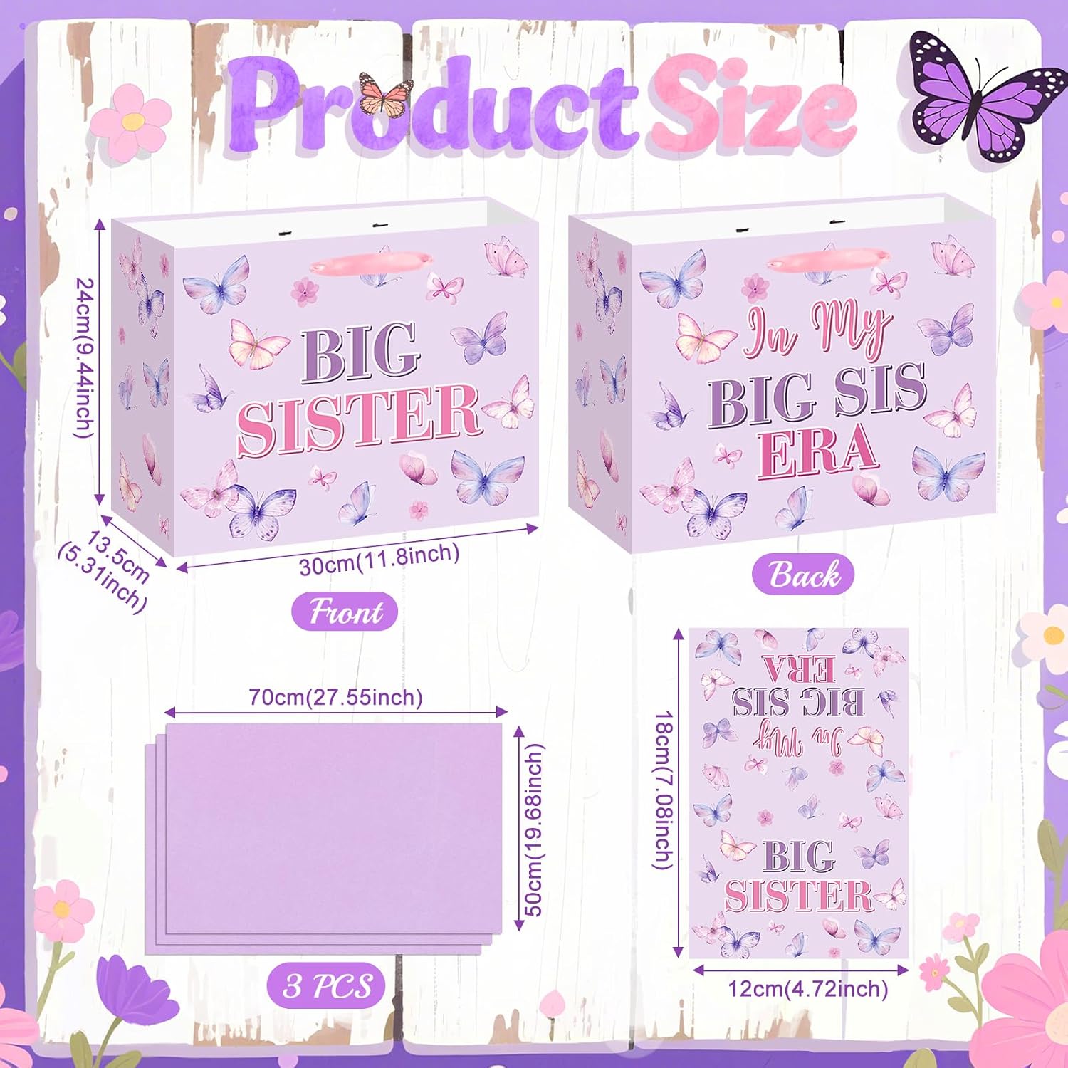 Big Sister Gift Bag for Girls, Butterfly Theme Big Sister Gift Bag with Tissue Paper and Greeting Card Light Purple Wrapping Paper Cute New Sister Party Decoration for Little Girl Birthday Party Supplies