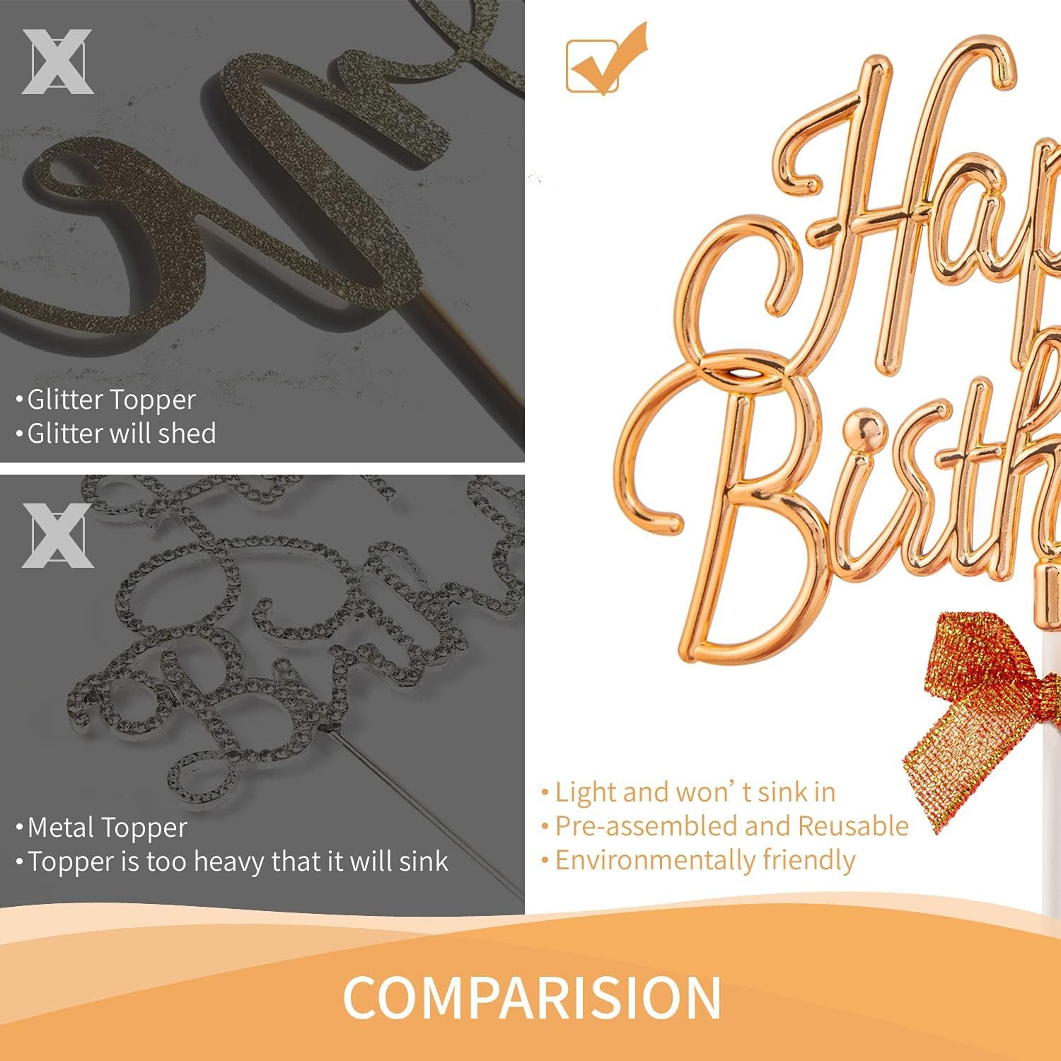 AMFIN® Happy Birthday Cake Toppers Set for Birthday Cake Supplies Decoration Accessories / 1st Birthday Party Decorating Items/Happy Birthday Cake Topper for Girl Party Decorations - Rose Gold - Image 3 thumbnail