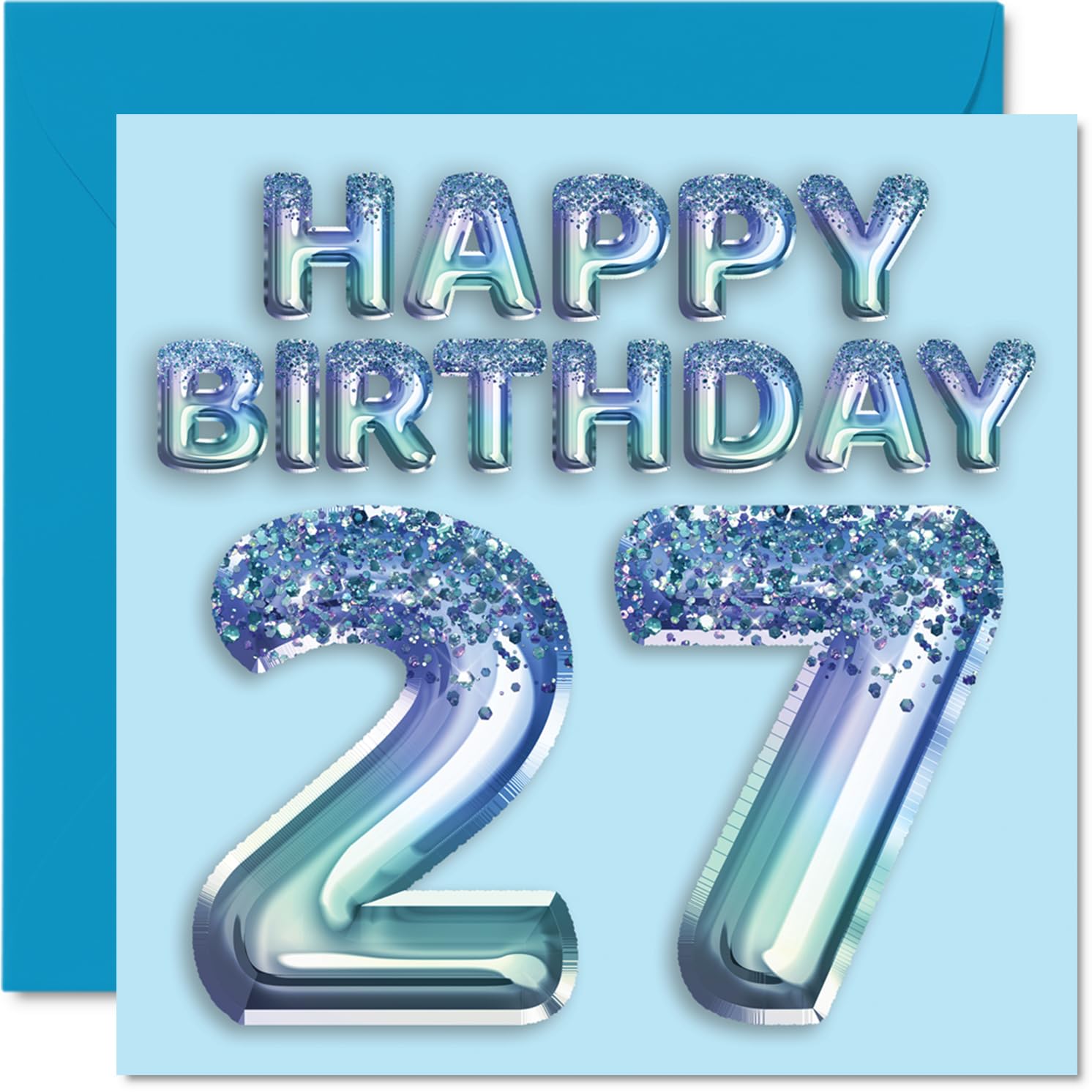 27th Birthday Card for Men, Blue Glitter Party Balloon