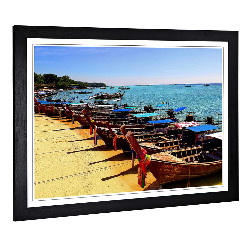 Big Box Art Framed Print of KOH Phi Thailand Boats Beach & Seascape Design | Wall Art Picture | Home Decor for Kitchen, Living Room, Bedroom, Hallway, Black, A2 / 24.5x18 Inch / 62x45cm
