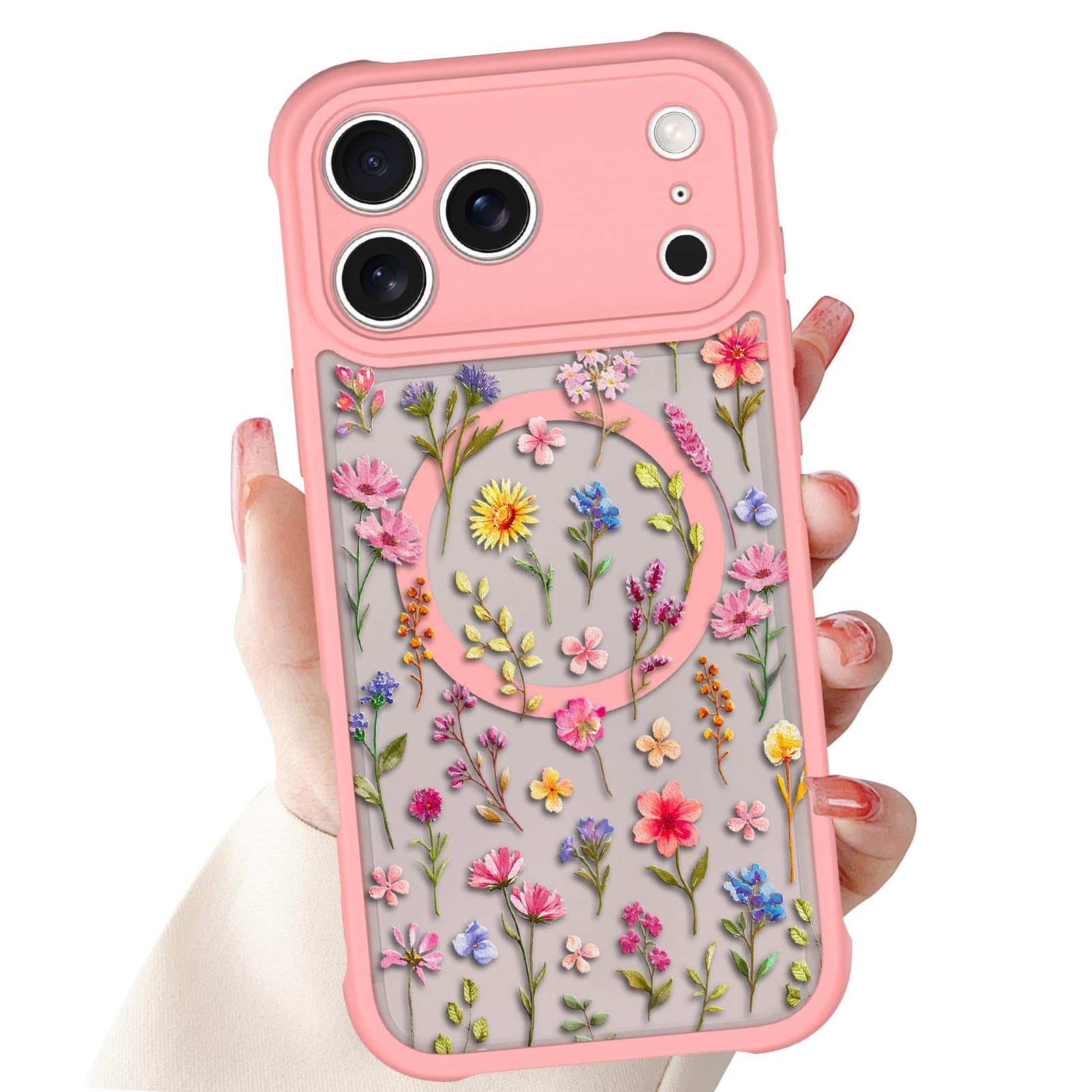 Coque magnétique conçue pour iPhone 17 Pro Max, motif floral rose
