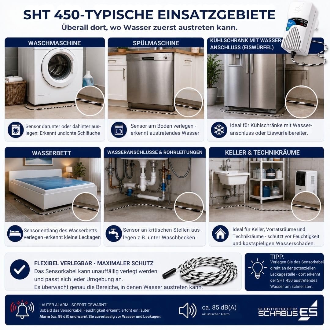 Schabus Wassermelder SHT 450 Plugin-Steckdosengerät 230V mit Sensorkabel | Mit Sensorkabel, Sensorkabellänge 2m, Detektiert an jeder Stelle des Sensorkabels