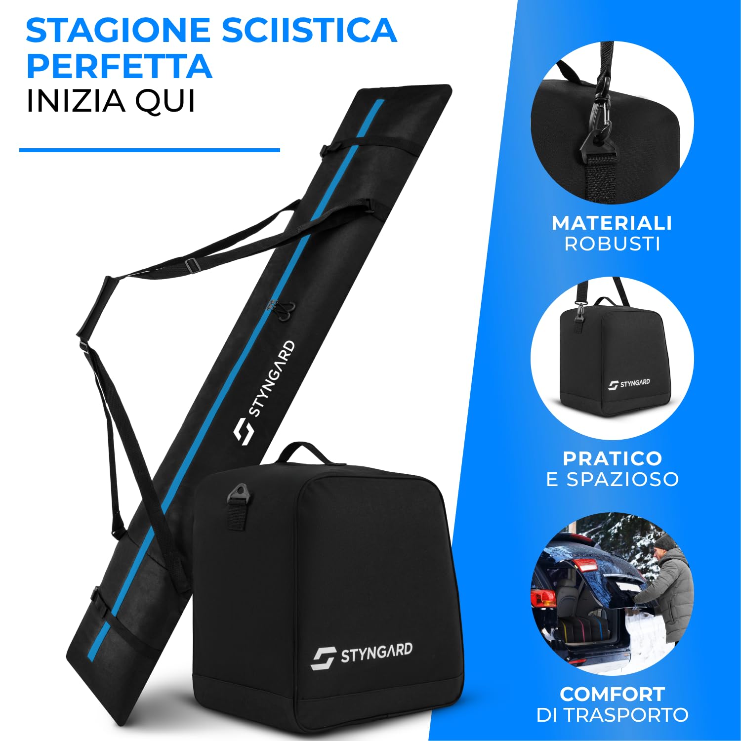 STYNGARD Set sacca sci e scarponi [a 180 cm] borsa porta sci e borsa porta scarponi [38 L] Modello Courchevel