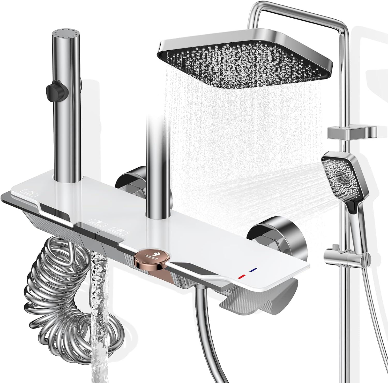 Colonne de Douche avec Mitigeur, Ensemble Douche Tête Pluie XXL 31,5cm, Panneau Commande Piano 4 Fonctions, Hauteur Réglable 83-110cm, pour Baignoire et Salle de Bain - Blanc - 1