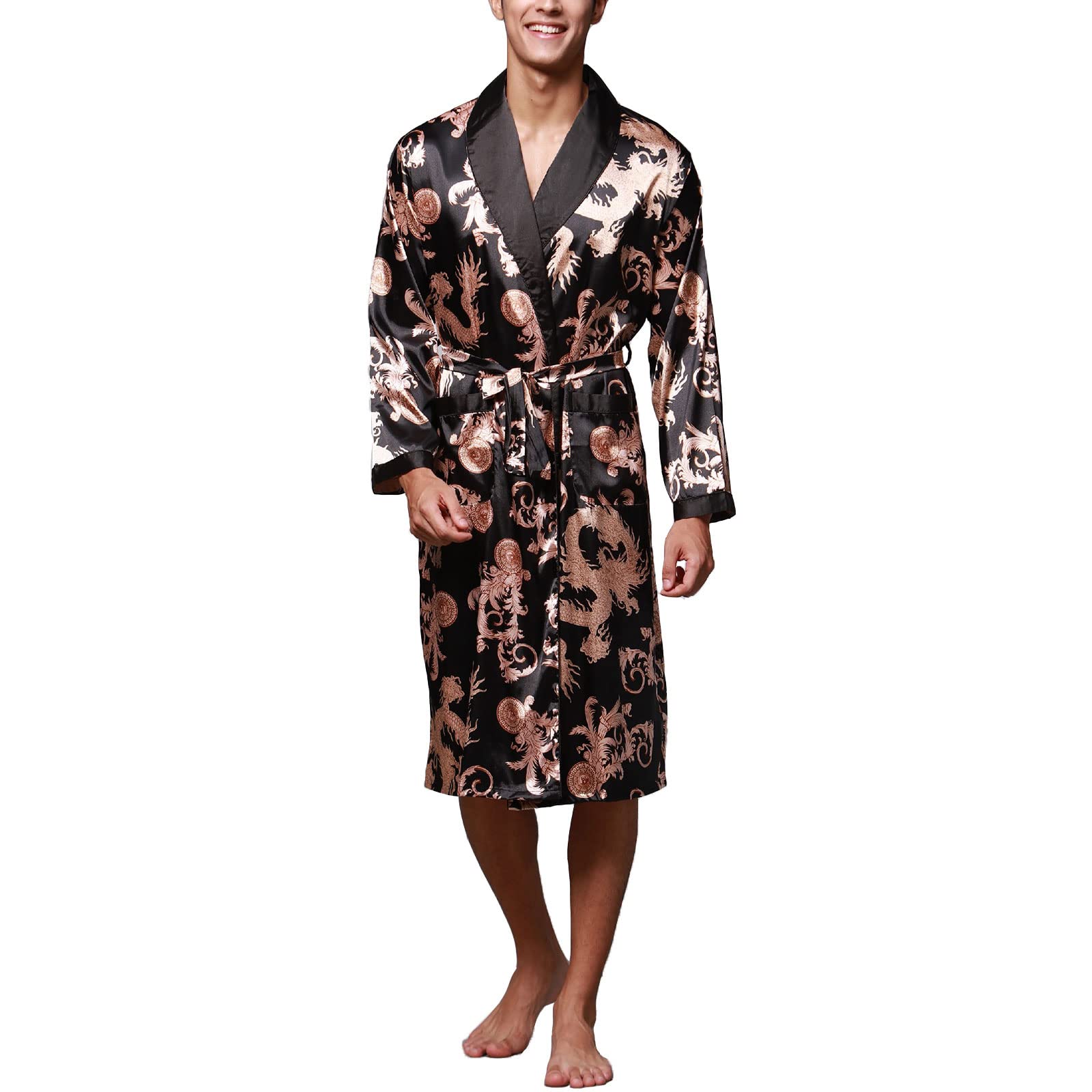Lu's Chic Men's Satin Kimono robe Silk Spa Bathrobe Luxurious Dragon Robe Pockets Loungewear