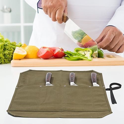 Miniatura 6 de Kaaltisy Bolsa de rollo para cuchillos, bolsa de lona encerada para cuchillos de chef de 16 onzas con 5 ranuras, soporte especializado para