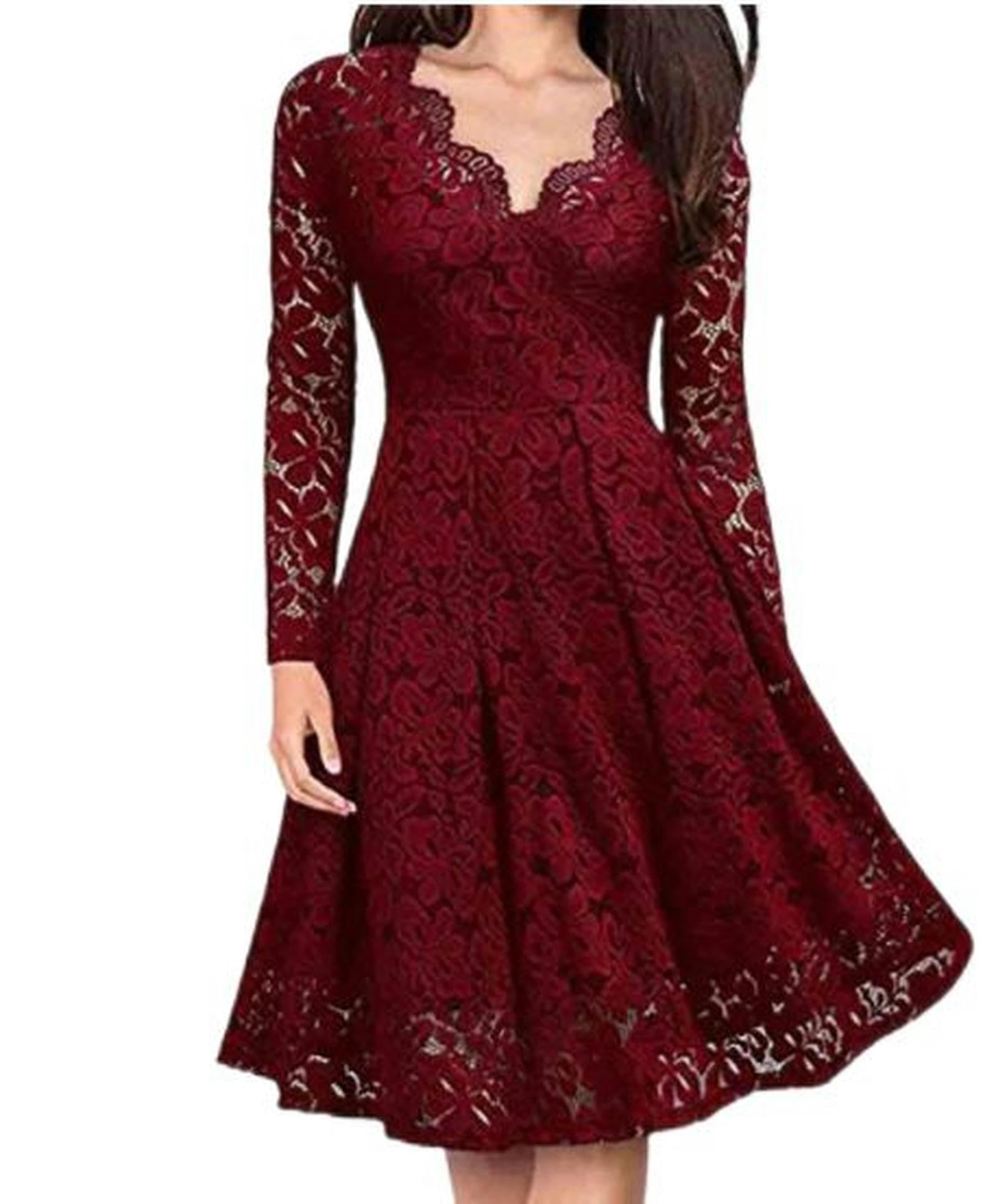 WEITING Schlankes und Elegantes, langärmeliges Party-Cocktail-Partykleid aus Spitze mit V-Ausschnitt für Damen – Grün – L