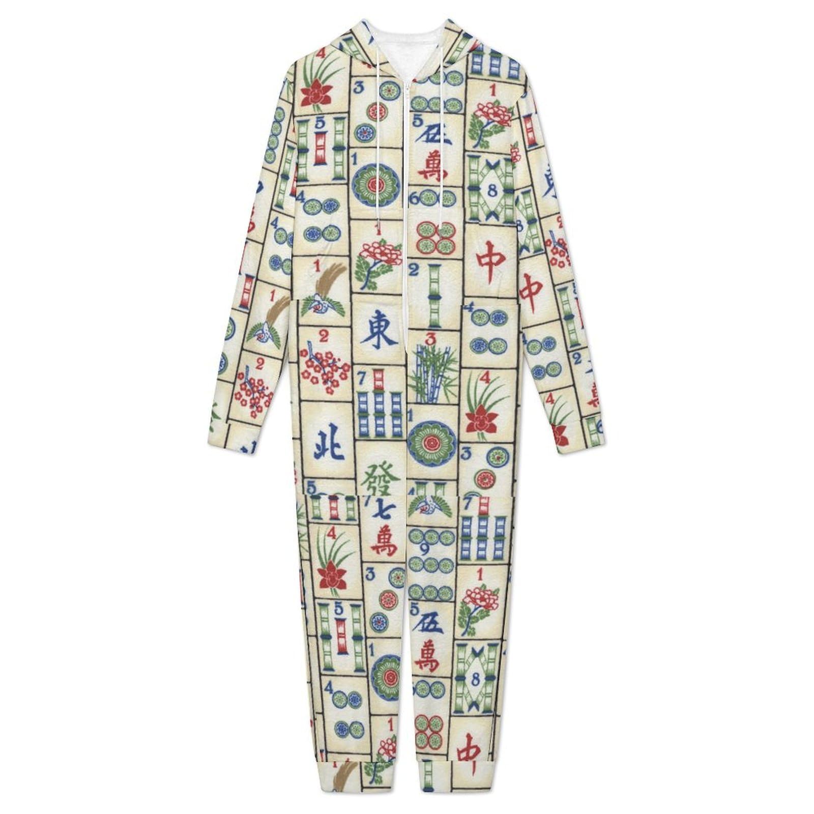 Fun Mahjong Herren-Schlafanzug, Einteiler, Flanell, lange Ärmel, Nachtwäsche