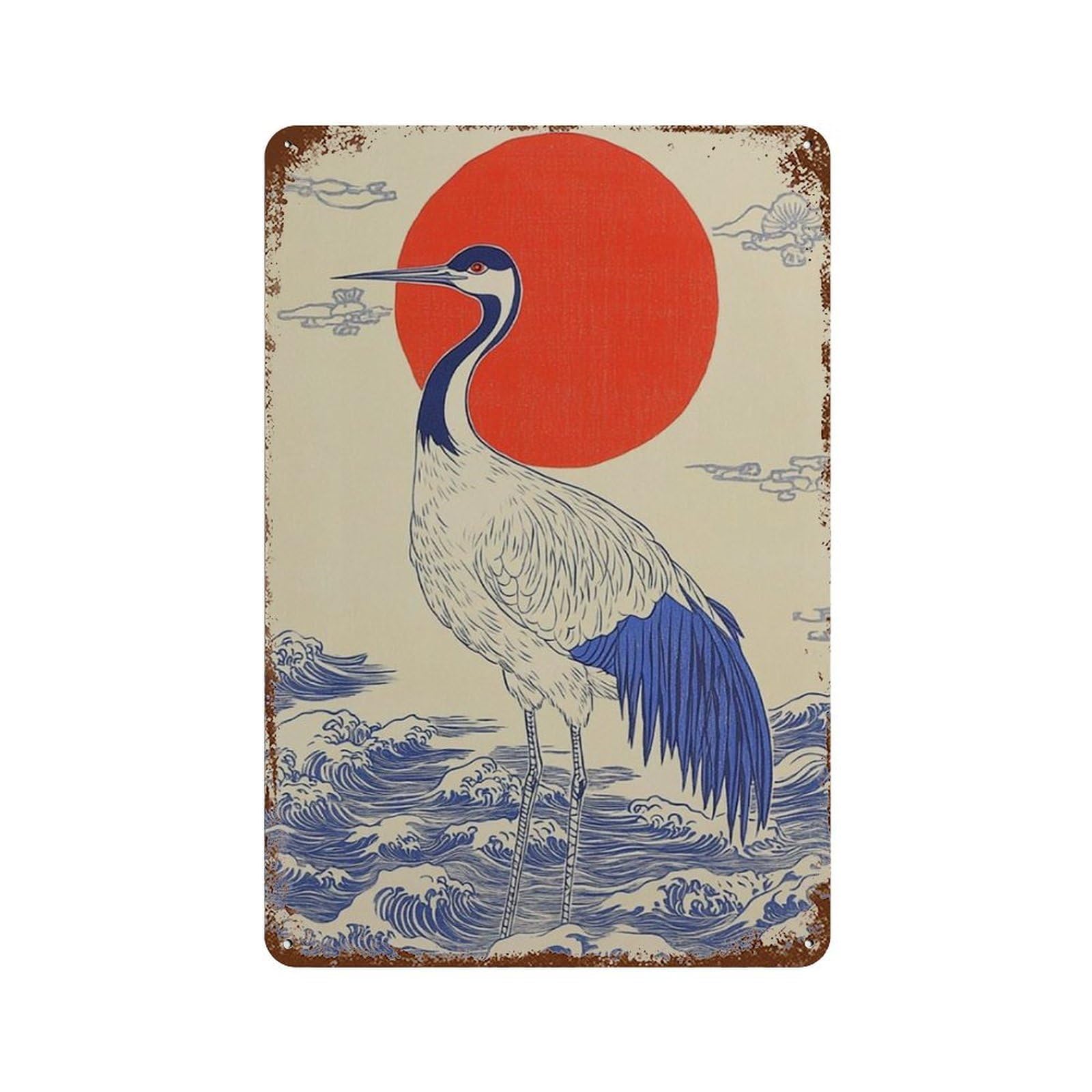 xiaoxiaoshen Japanese Crane Red Sun Asian Bird Ocean Wave Work Minimal Zen Wall Decor Art Metal Tin Poster Modern Home Decor Art Home Bar Shop Decorations Vintage Sign 30x20cm