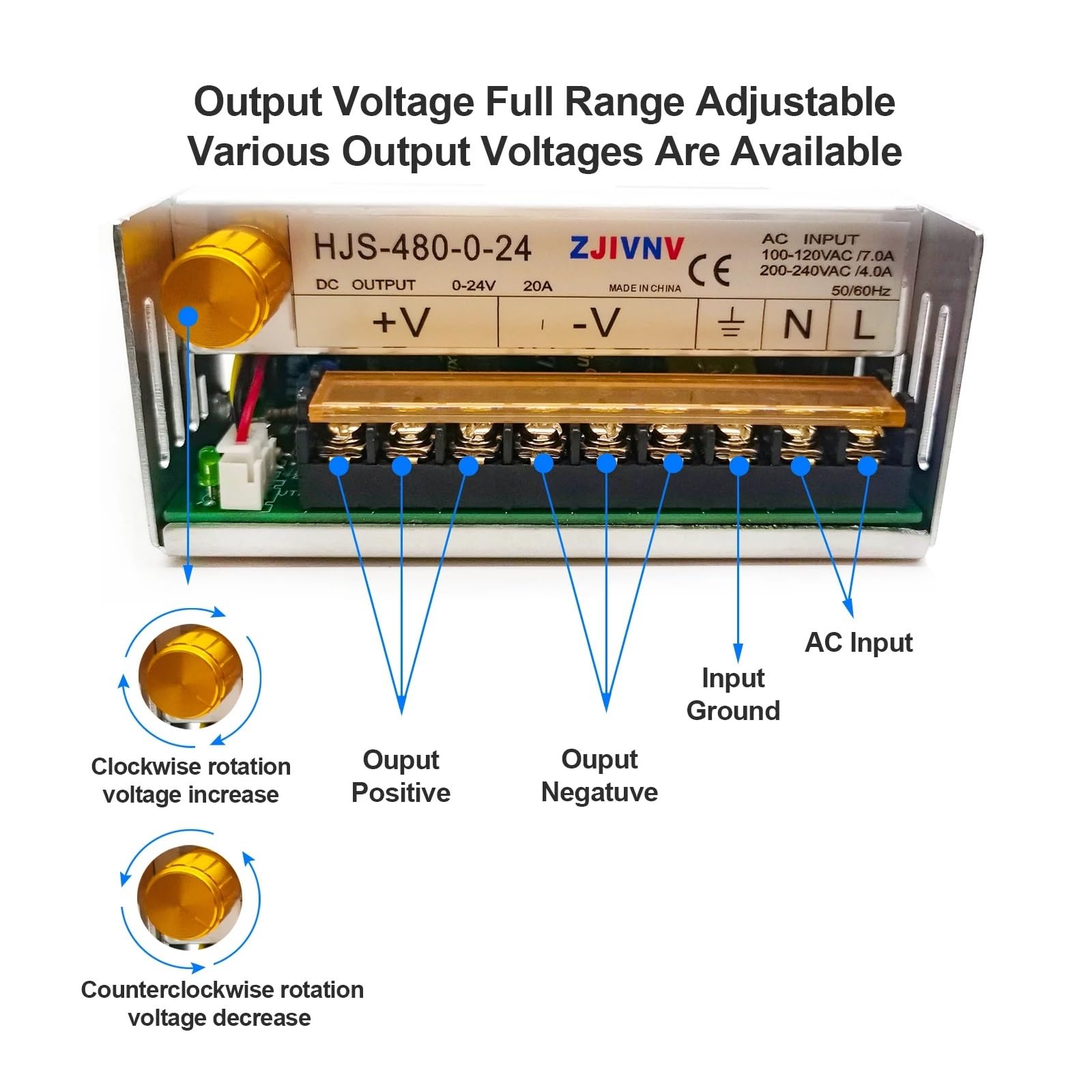 Zasilacz impulsowy, 480W wyświetlacz cyfrowy zasilacz impulsowy regulowane napięcie 0-5V 12V 24V 36V 48V 60v 80V 120v 300V, 24v 20A, 48V 10a(0-5V 60A)