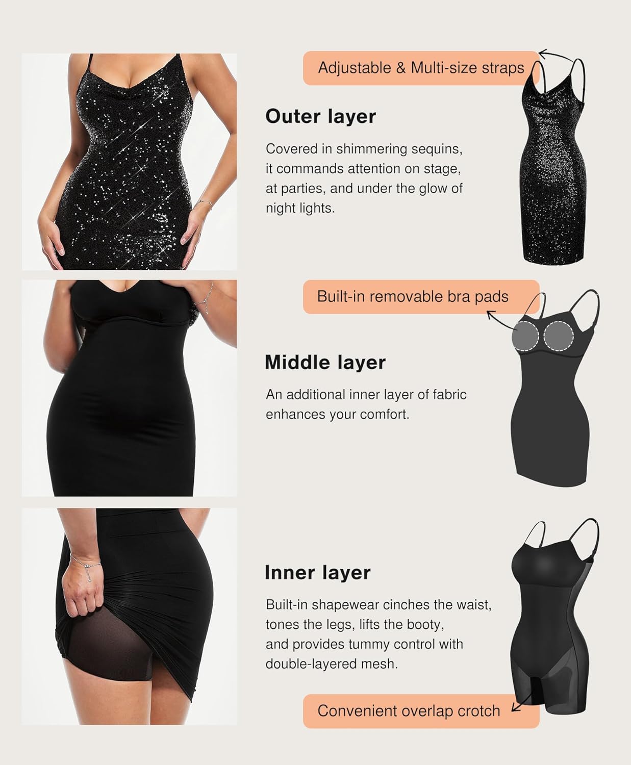 Popilush Sequin Mini Dress for Women - Slimming Shapewear with Cowl Neck Bodycon Sparkly Gown Cocktail Party and Club - Image 4
