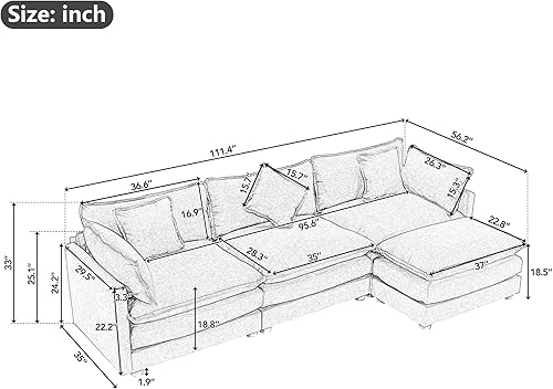 Miniatura 2 de XD Designs Moderno sofá tapizado de terciopelo de cordero, sofá modular de 4 asientos de 103.9 pulgadas con 3 almohadas largas y 3 almohadas